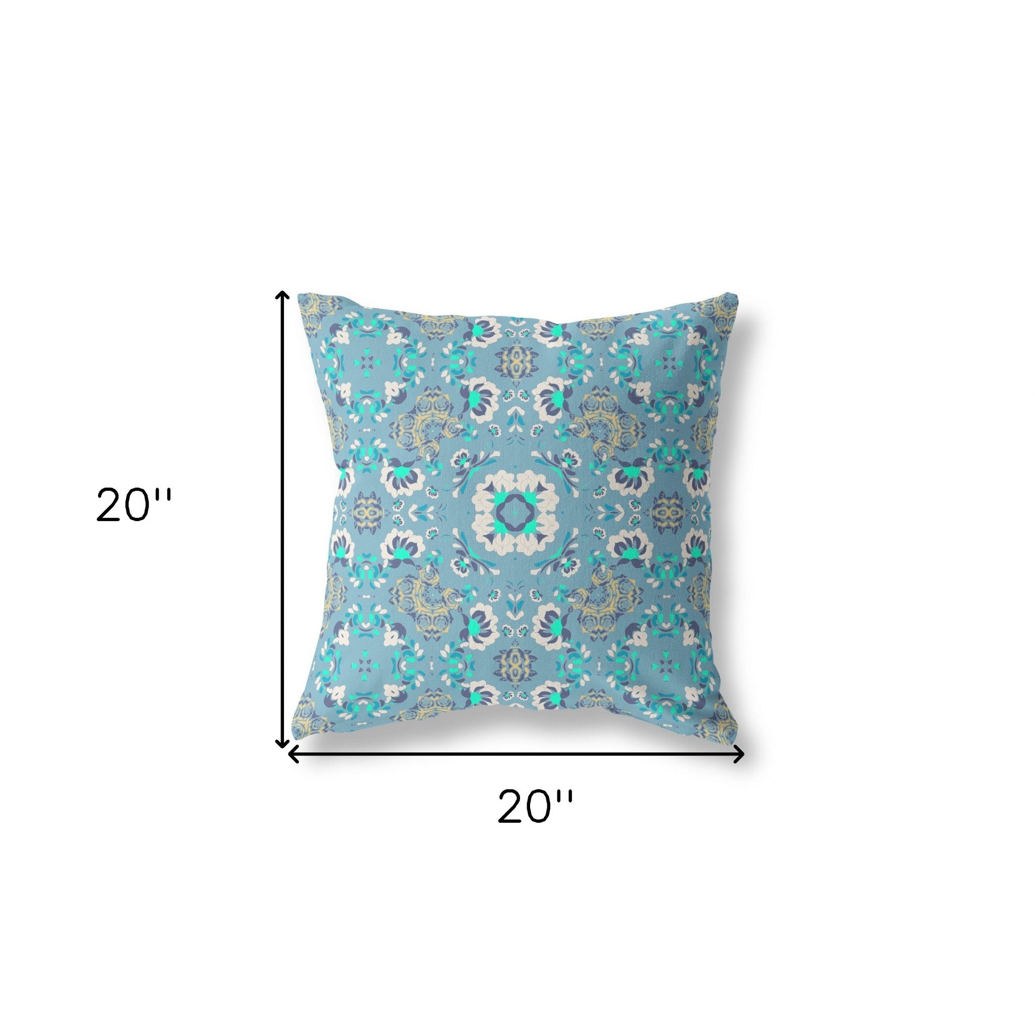 20" X 20" Light Blue Broadcloth Floral Throw Pillow