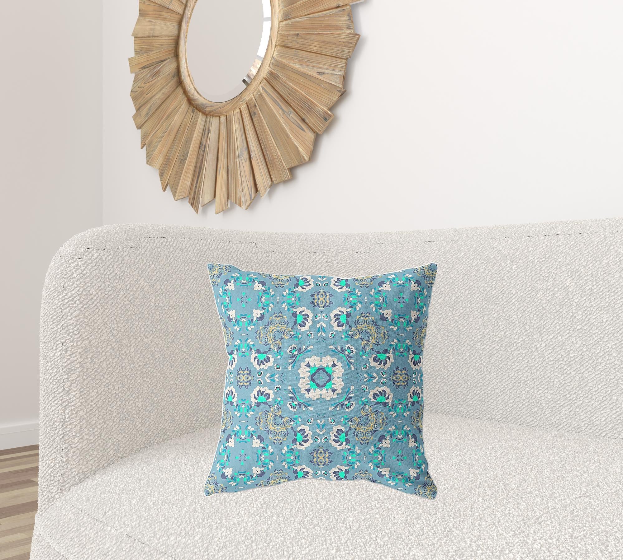 20" X 20" Light Blue Broadcloth Floral Throw Pillow