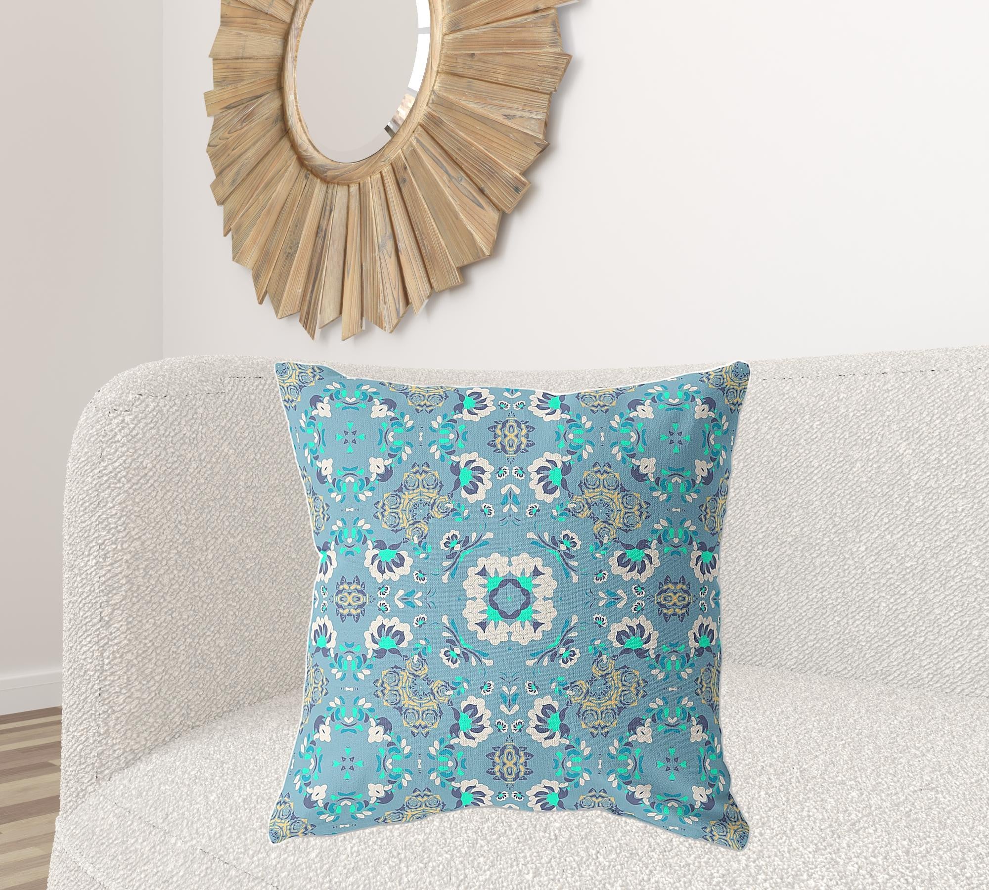 26" X 26" Light Blue Broadcloth Floral Throw Pillow