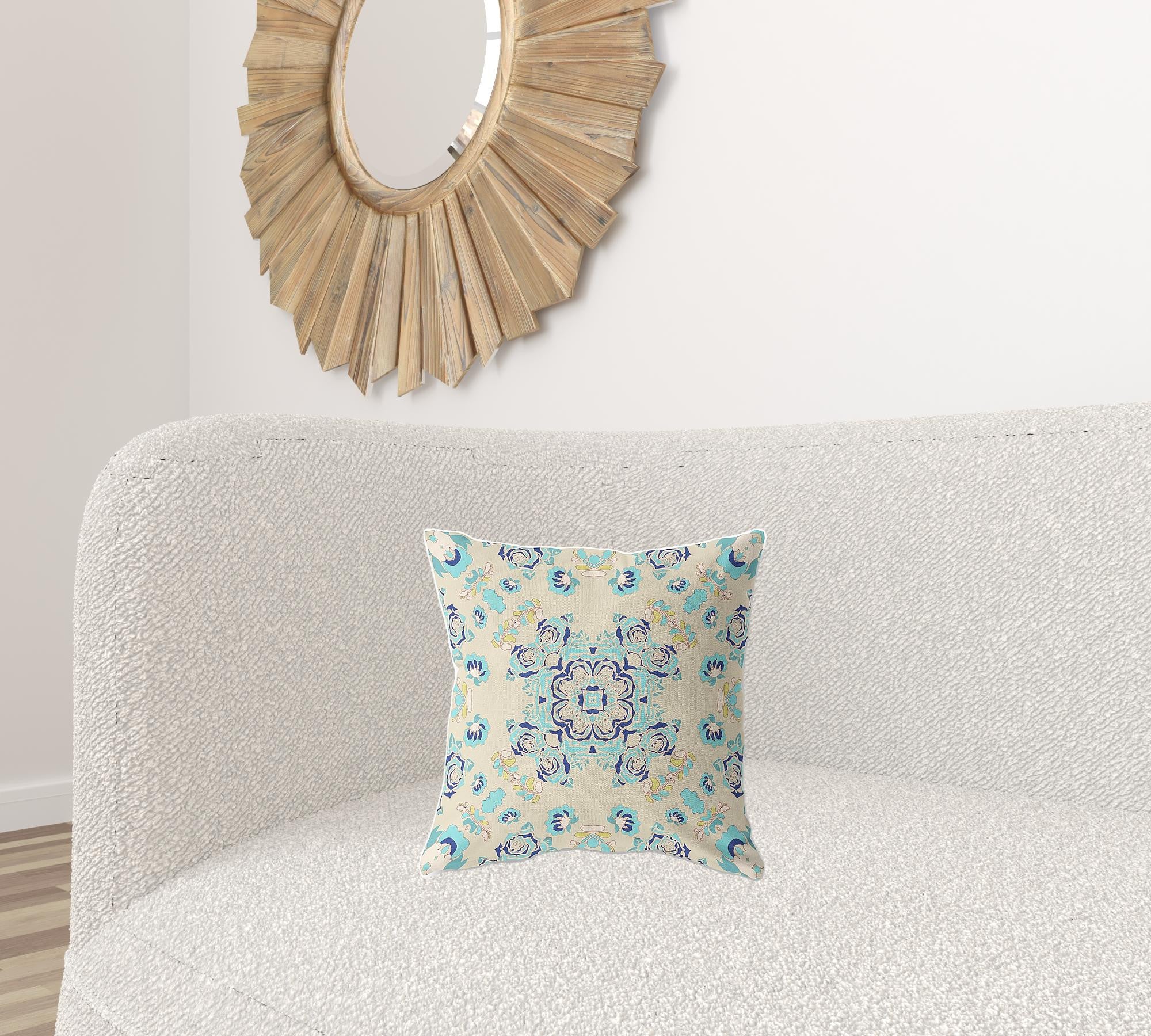 16" X 16" Off White And Light Blue Broadcloth Floral Throw Pillow