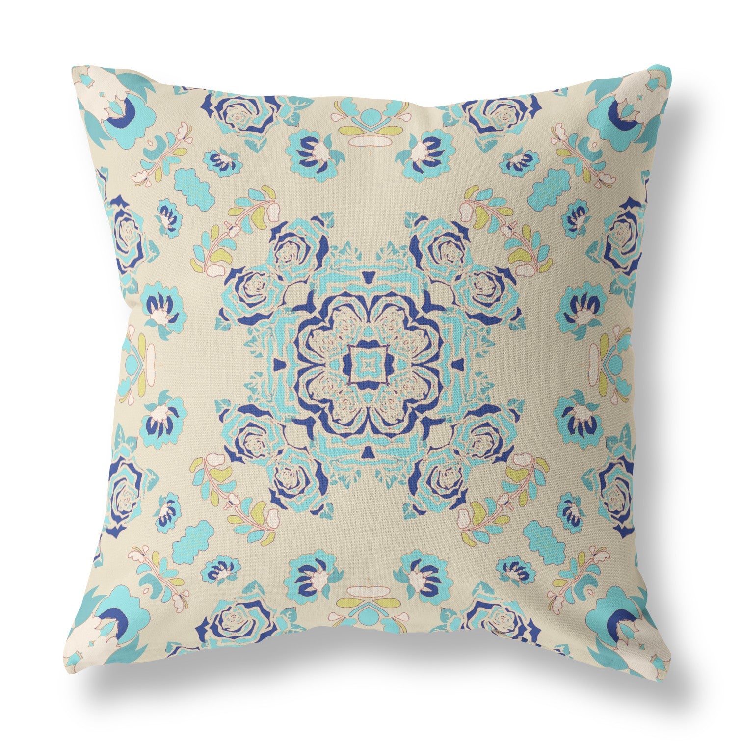 28" X 28" Off White And Light Blue Broadcloth Floral Throw Pillow