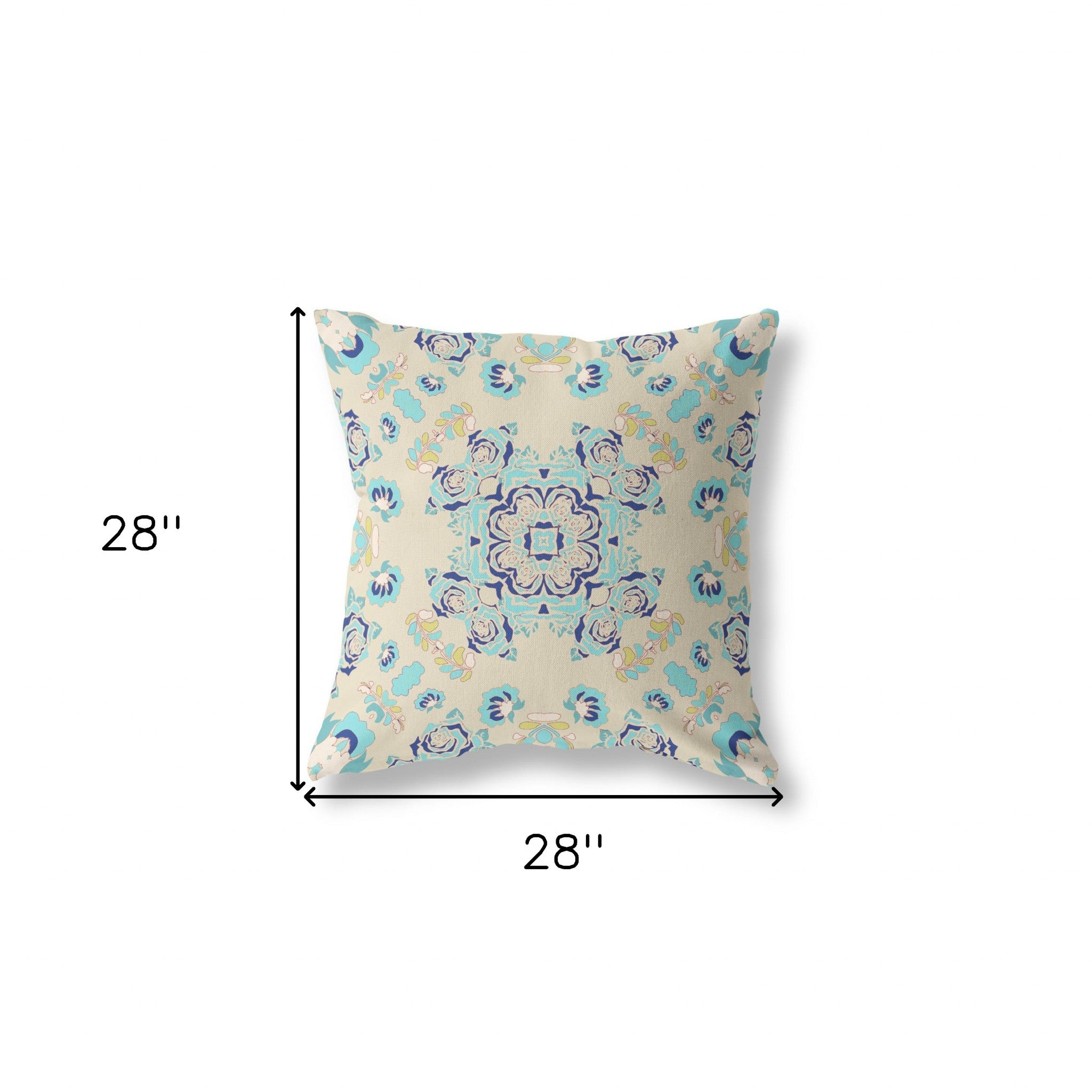 28" X 28" Off White And Light Blue Broadcloth Floral Throw Pillow