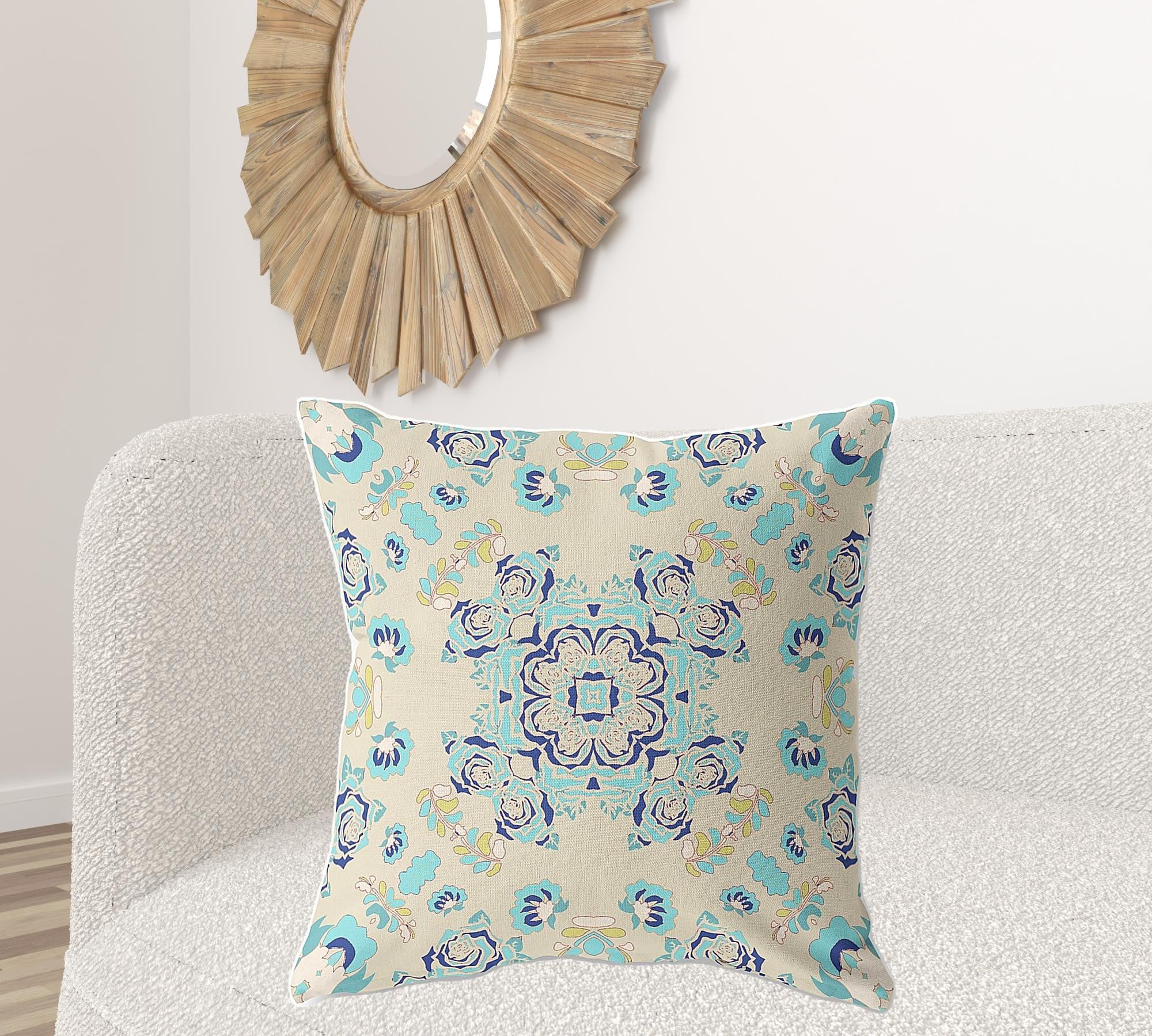 28" X 28" Off White And Light Blue Broadcloth Floral Throw Pillow