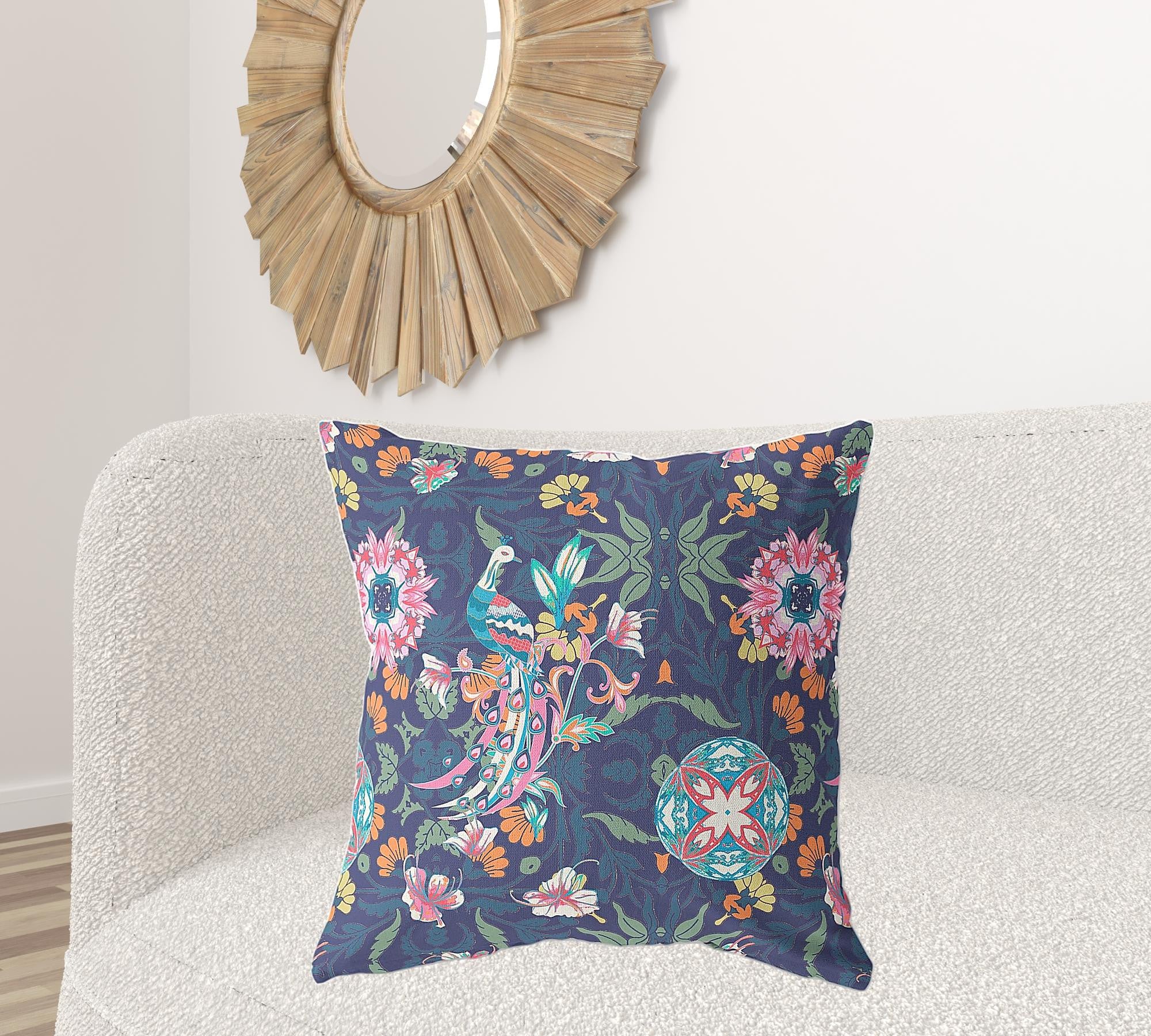 26" X 26" Floral Blue And Pink Broadcloth Floral Throw Pillow