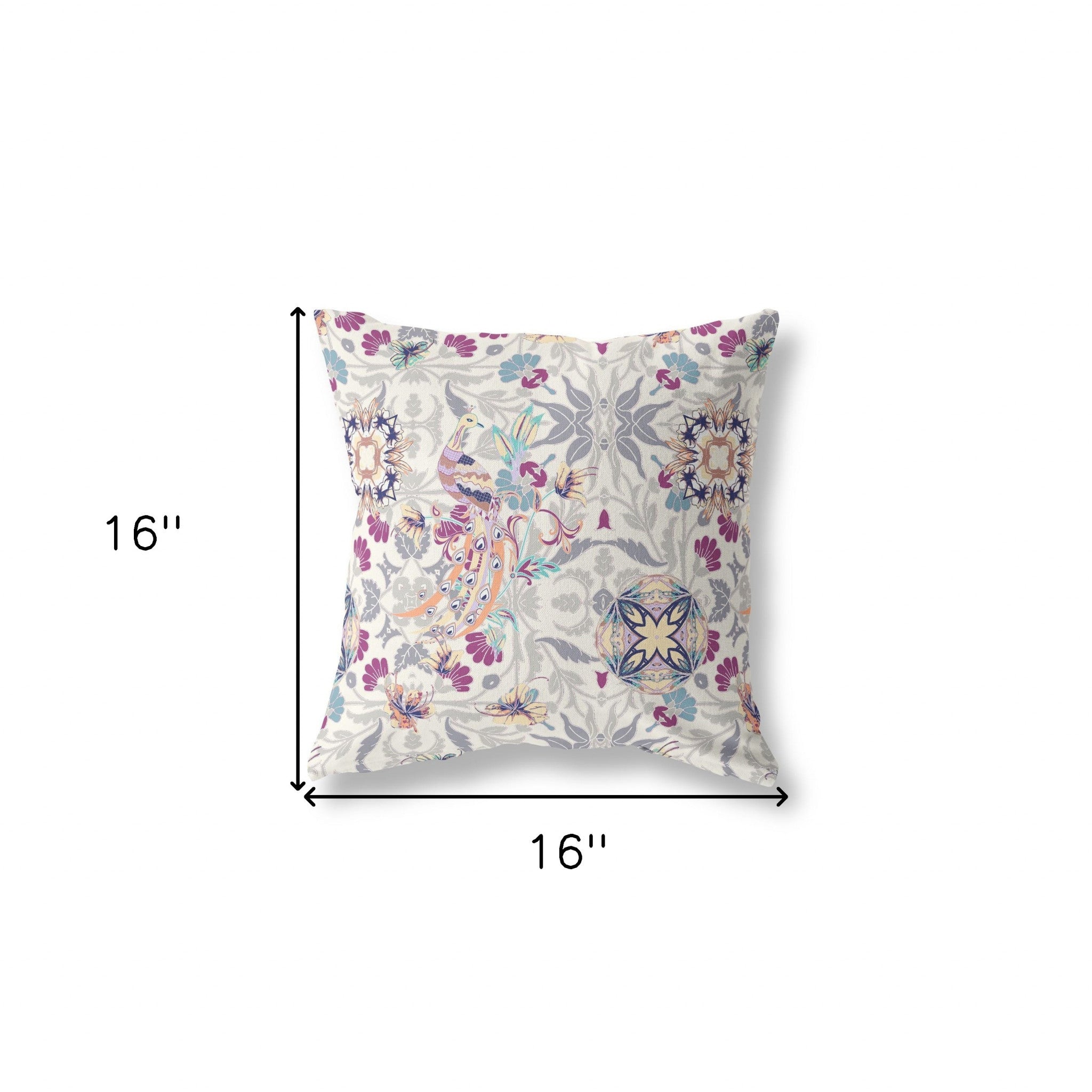 16" X 16" Off White And Pink Broadcloth Floral Throw Pillow