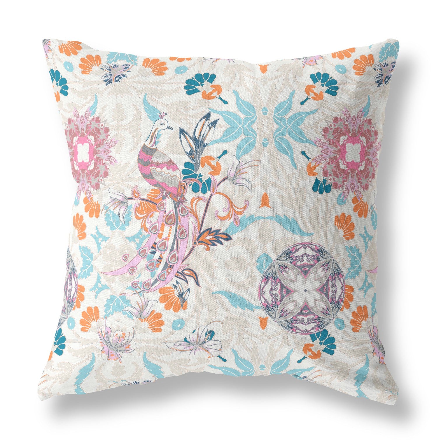 26" X 26" Off White And Sky Blue Broadcloth Floral Throw Pillow