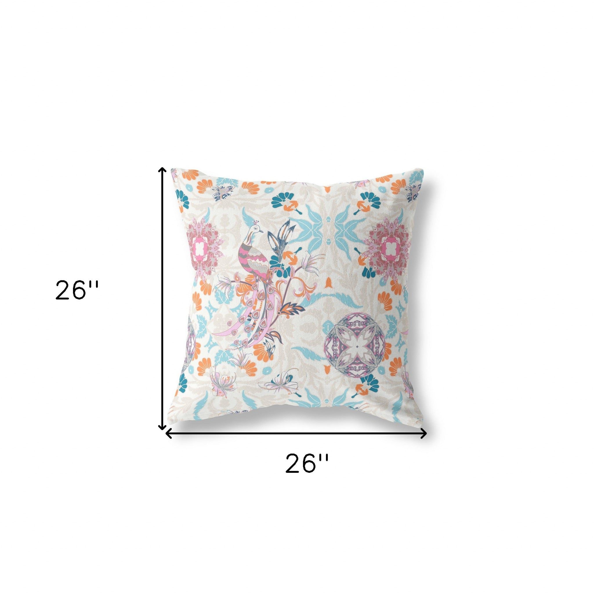 26" X 26" Off White And Sky Blue Broadcloth Floral Throw Pillow