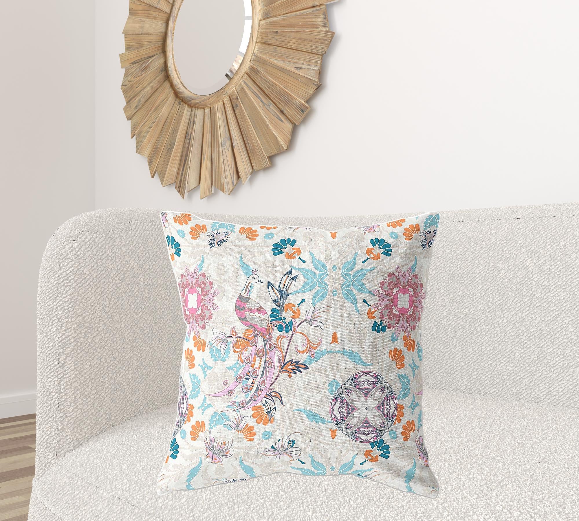 26" X 26" Off White And Sky Blue Broadcloth Floral Throw Pillow