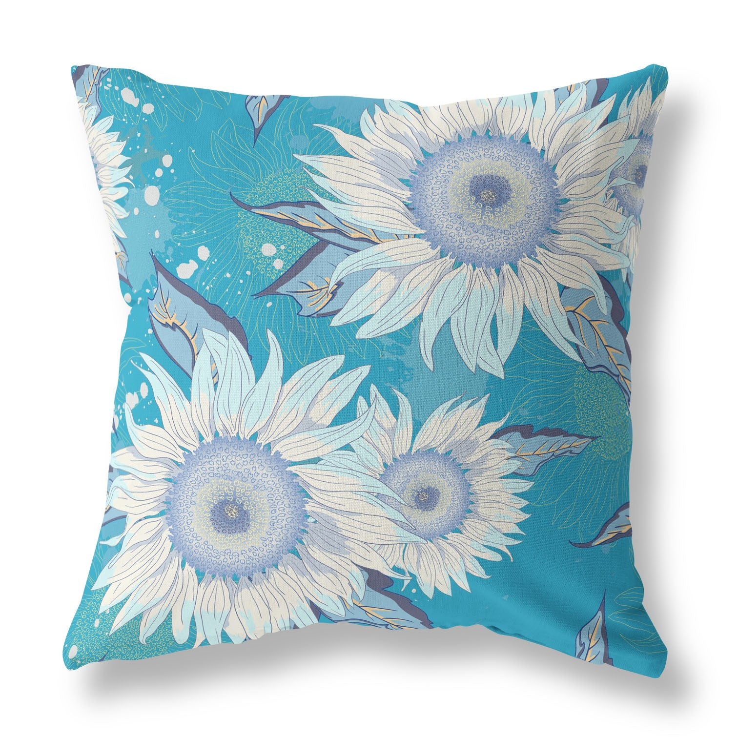 28" X 28" Blue Aqua And White Broadcloth Floral Throw Pillow