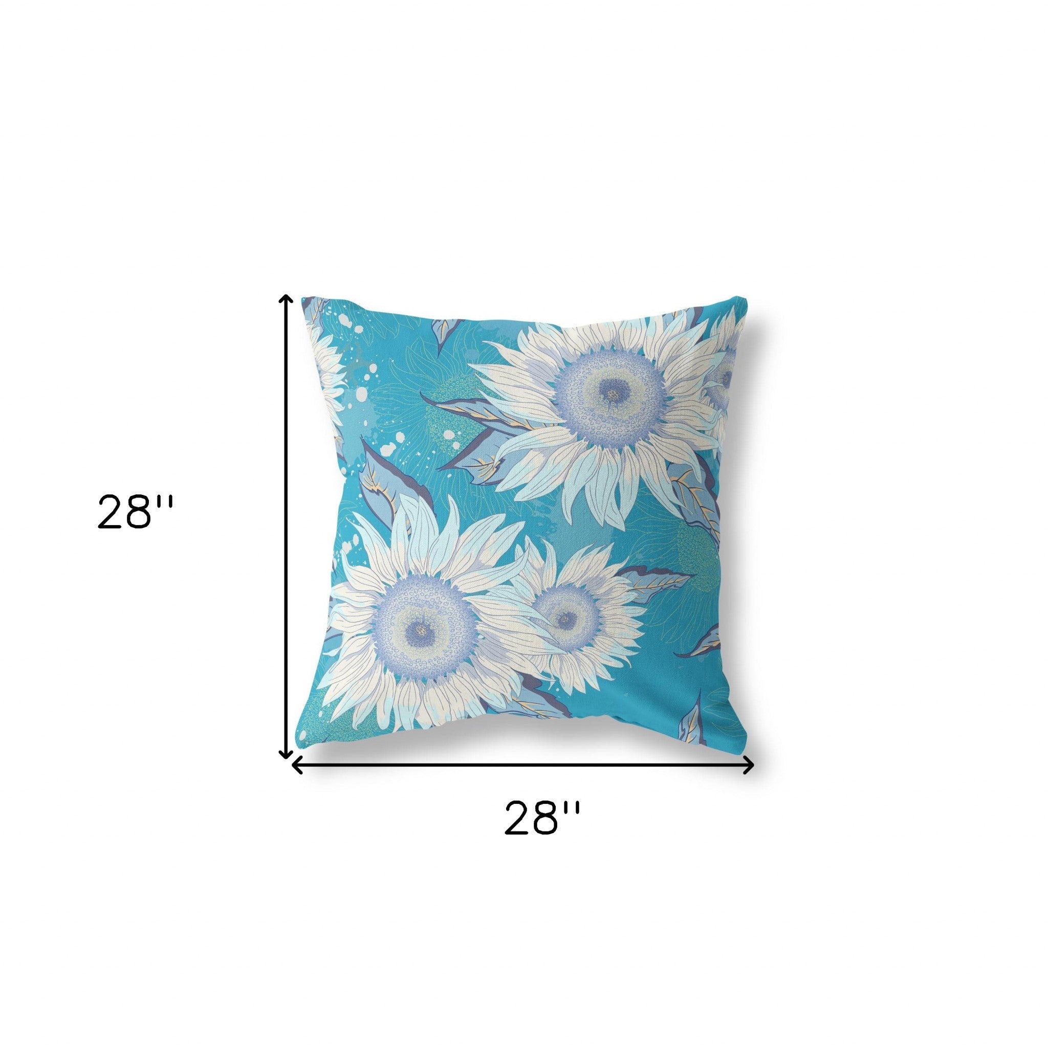 28" X 28" Blue Aqua And White Broadcloth Floral Throw Pillow