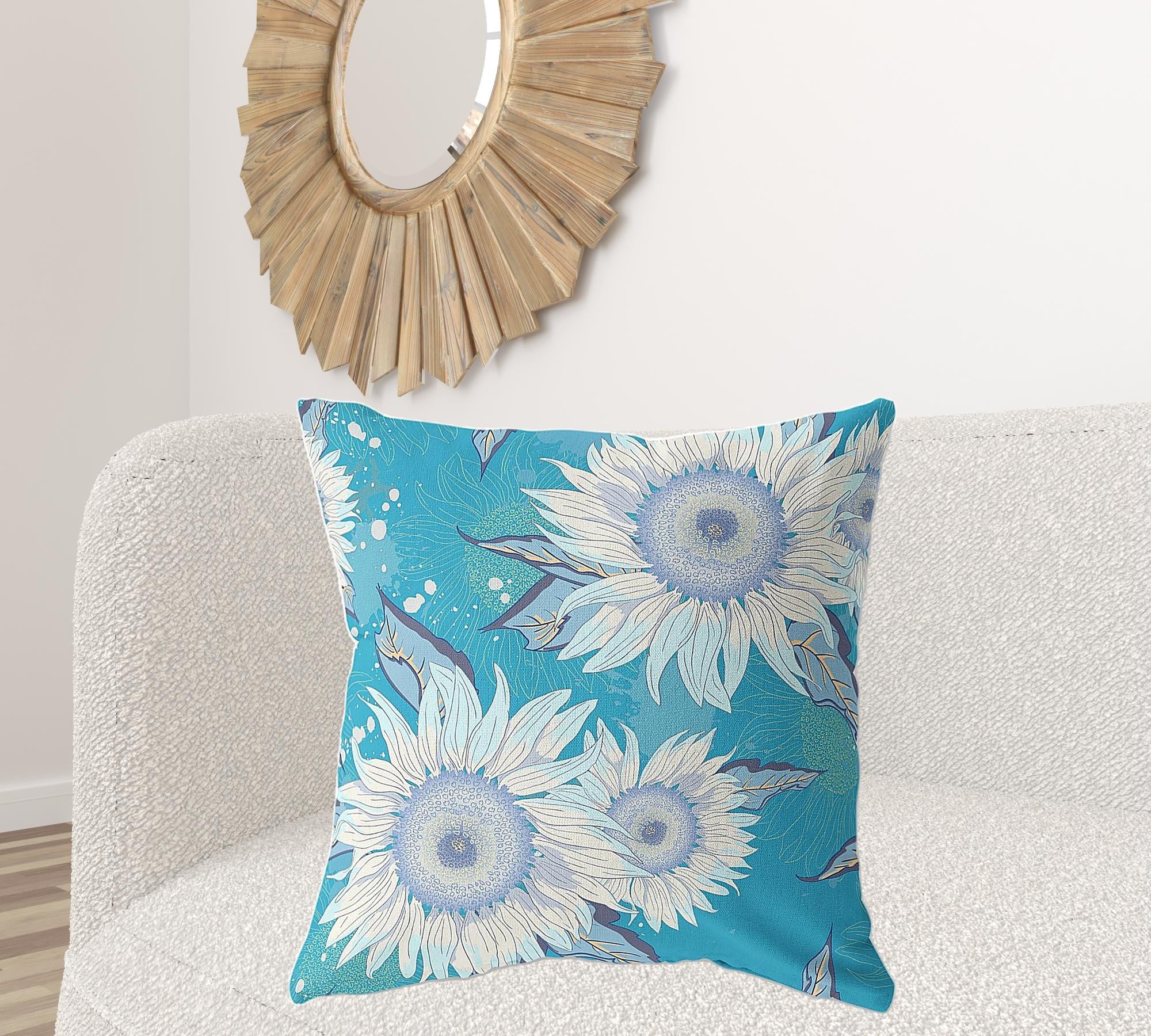 28" X 28" Blue Aqua And White Broadcloth Floral Throw Pillow