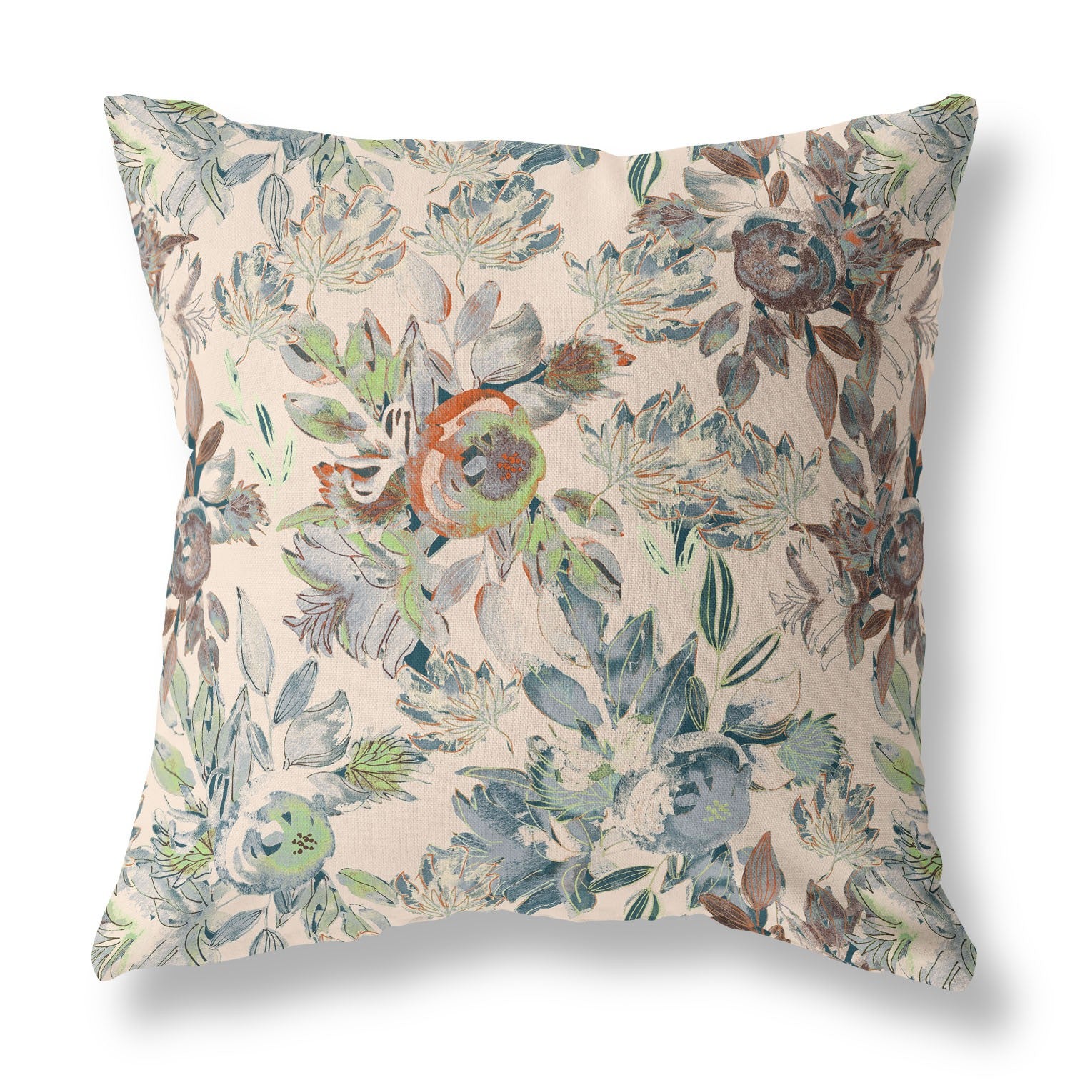 20" X 20" Green And Brown Broadcloth Floral Throw Pillow