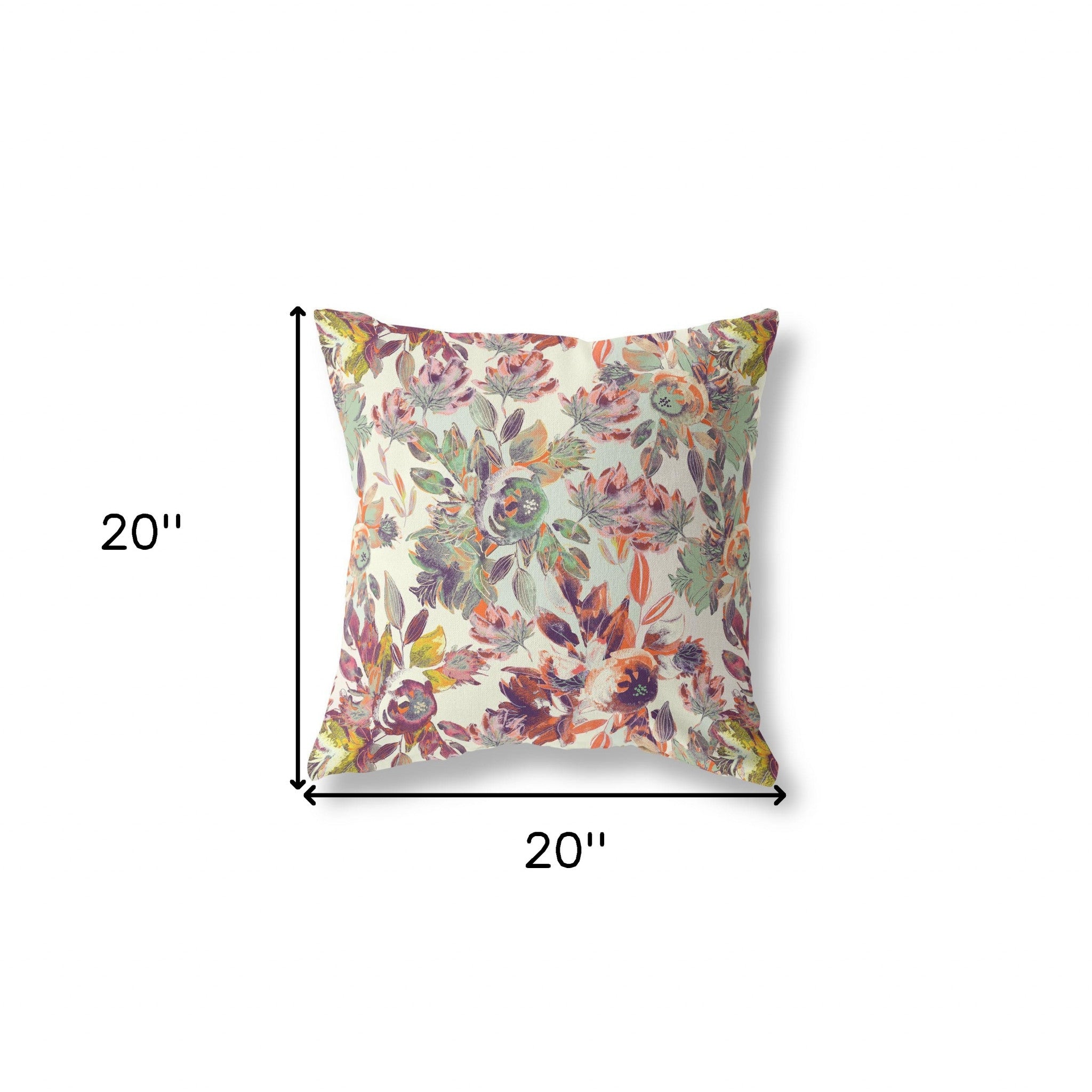 20" X 20" Green, Red And Yellow Broadcloth Floral Throw Pillow