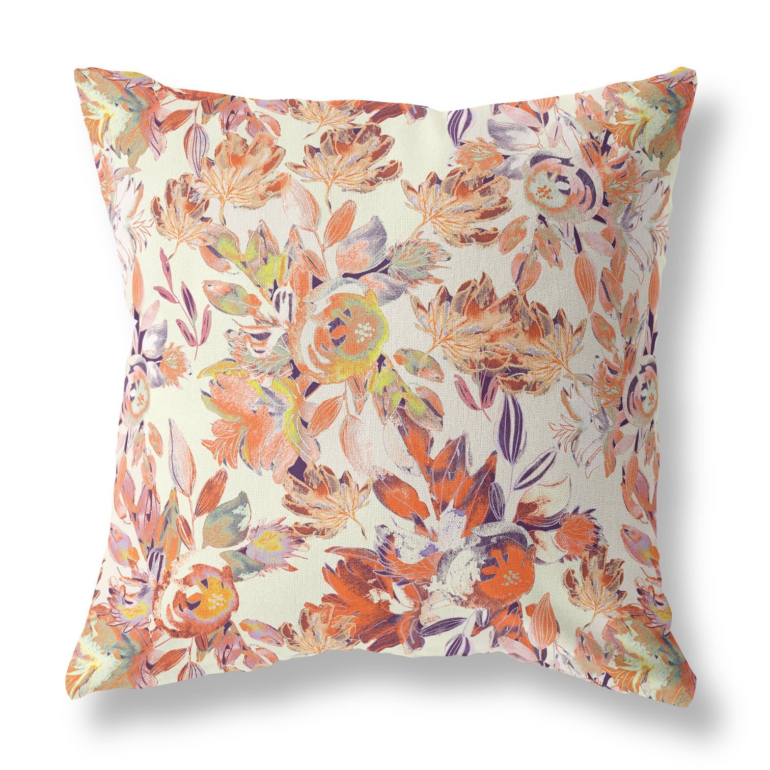 26" X 26" Red, Peach And Cream Broadcloth Floral Throw Pillow