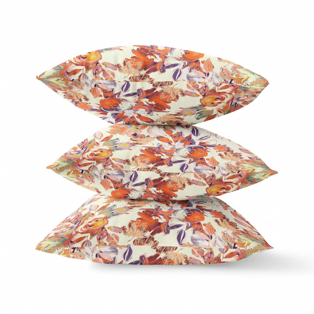 26" X 26" Red, Peach And Cream Broadcloth Floral Throw Pillow