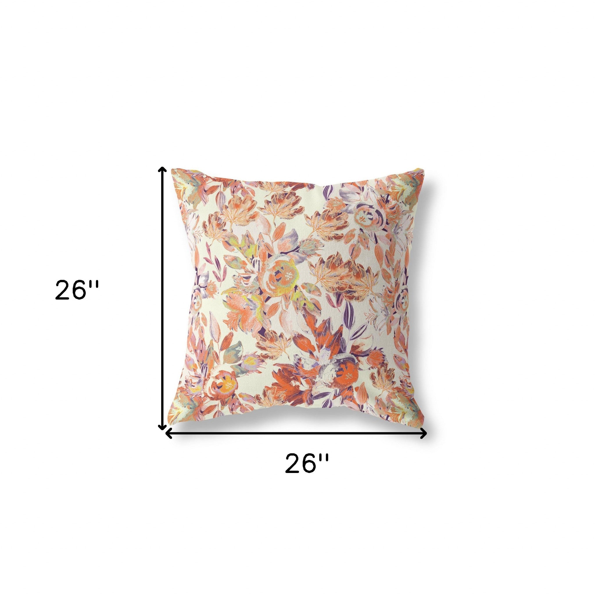 26" X 26" Red, Peach And Cream Broadcloth Floral Throw Pillow