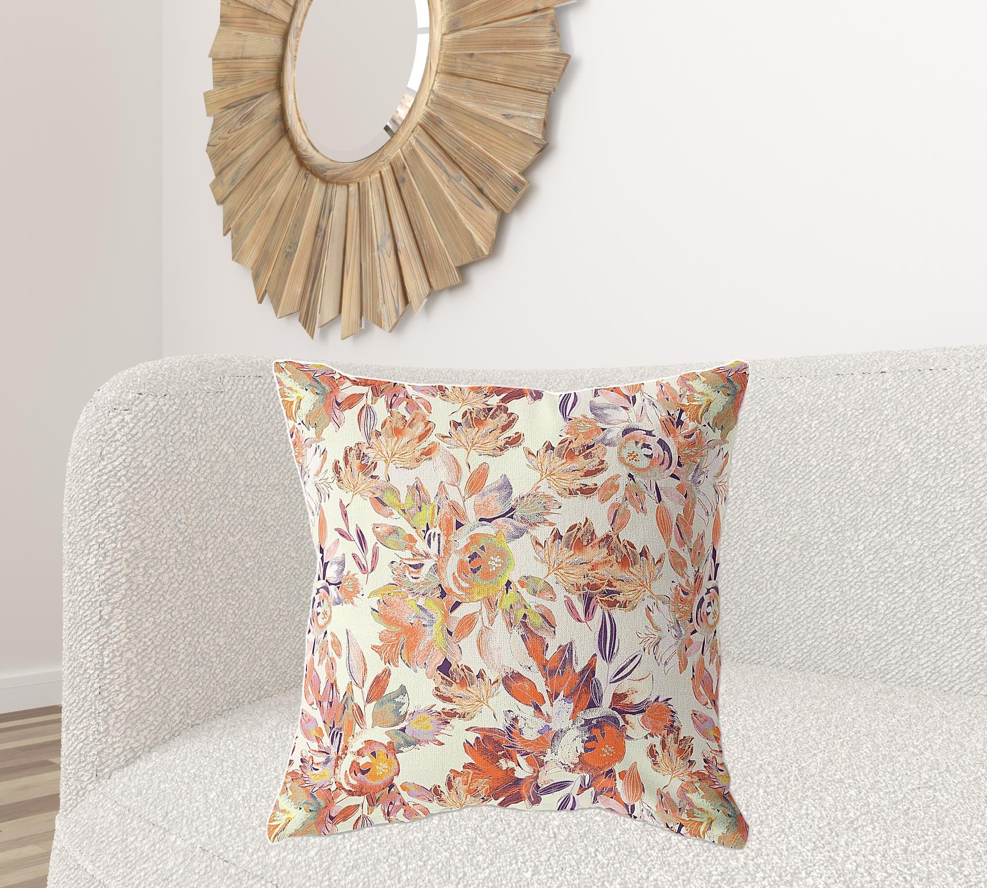 26" X 26" Red, Peach And Cream Broadcloth Floral Throw Pillow