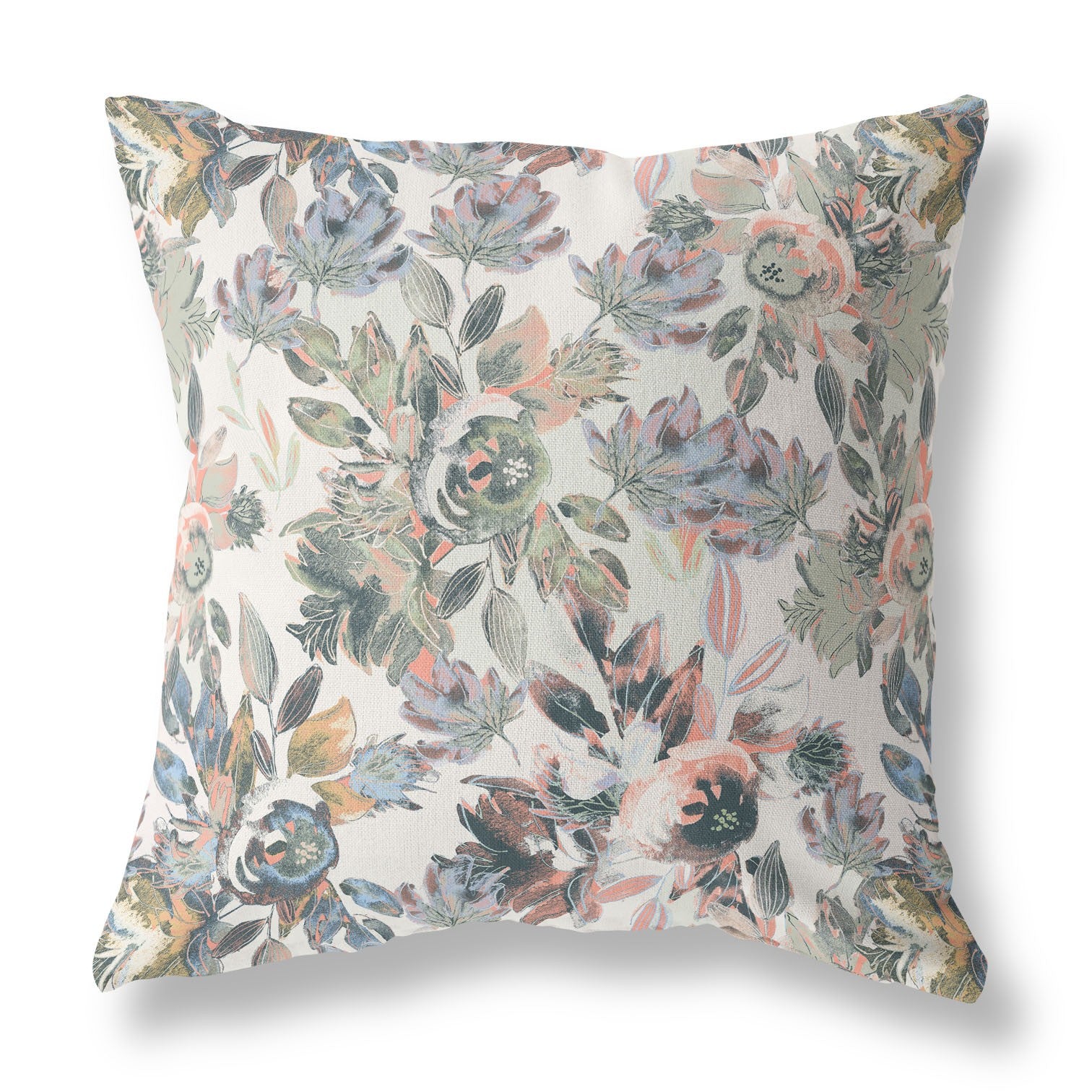 18" X 18" White, Pink And Grey Broadcloth Floral Throw Pillow