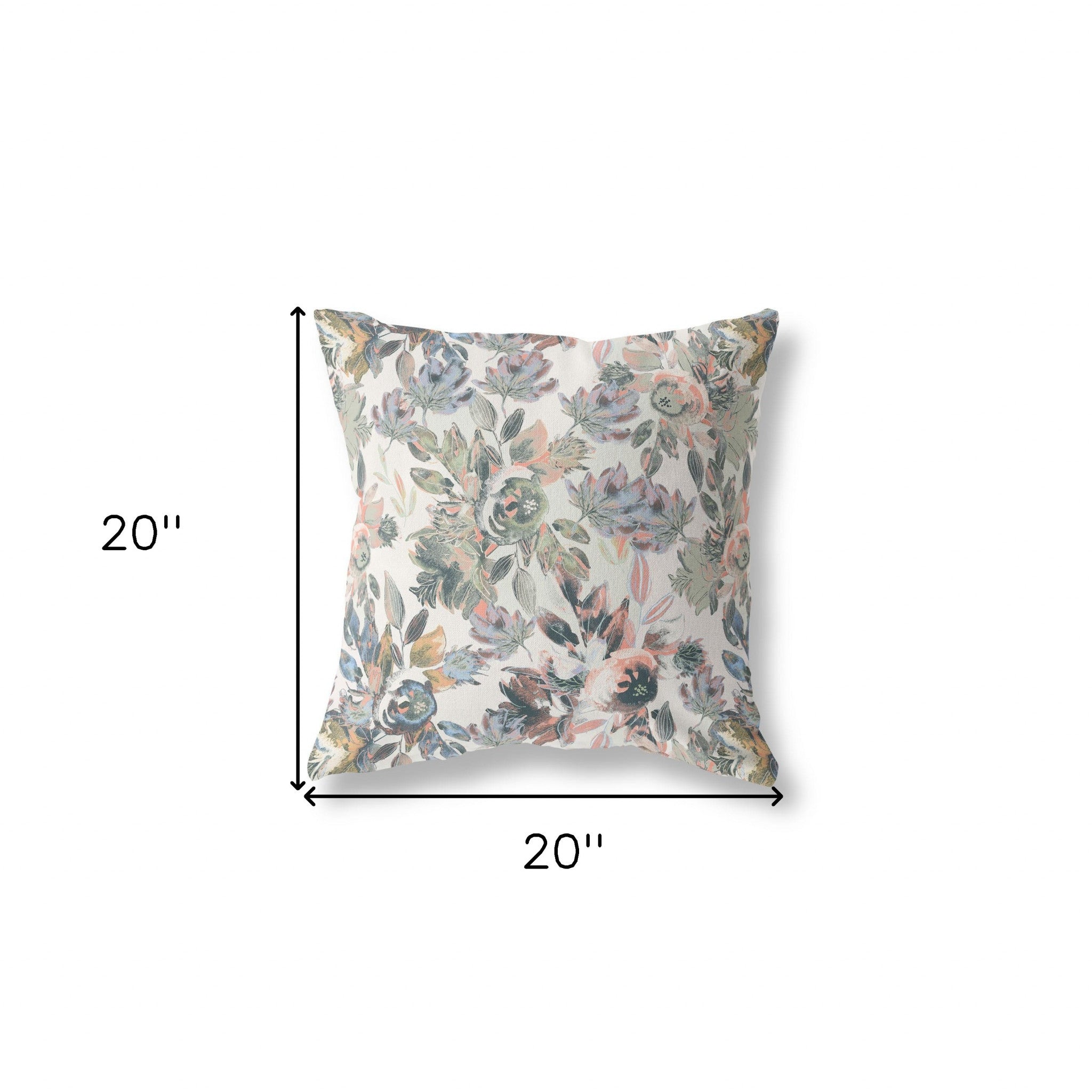 20" X 20" White, Pink And Grey Broadcloth Floral Throw Pillow