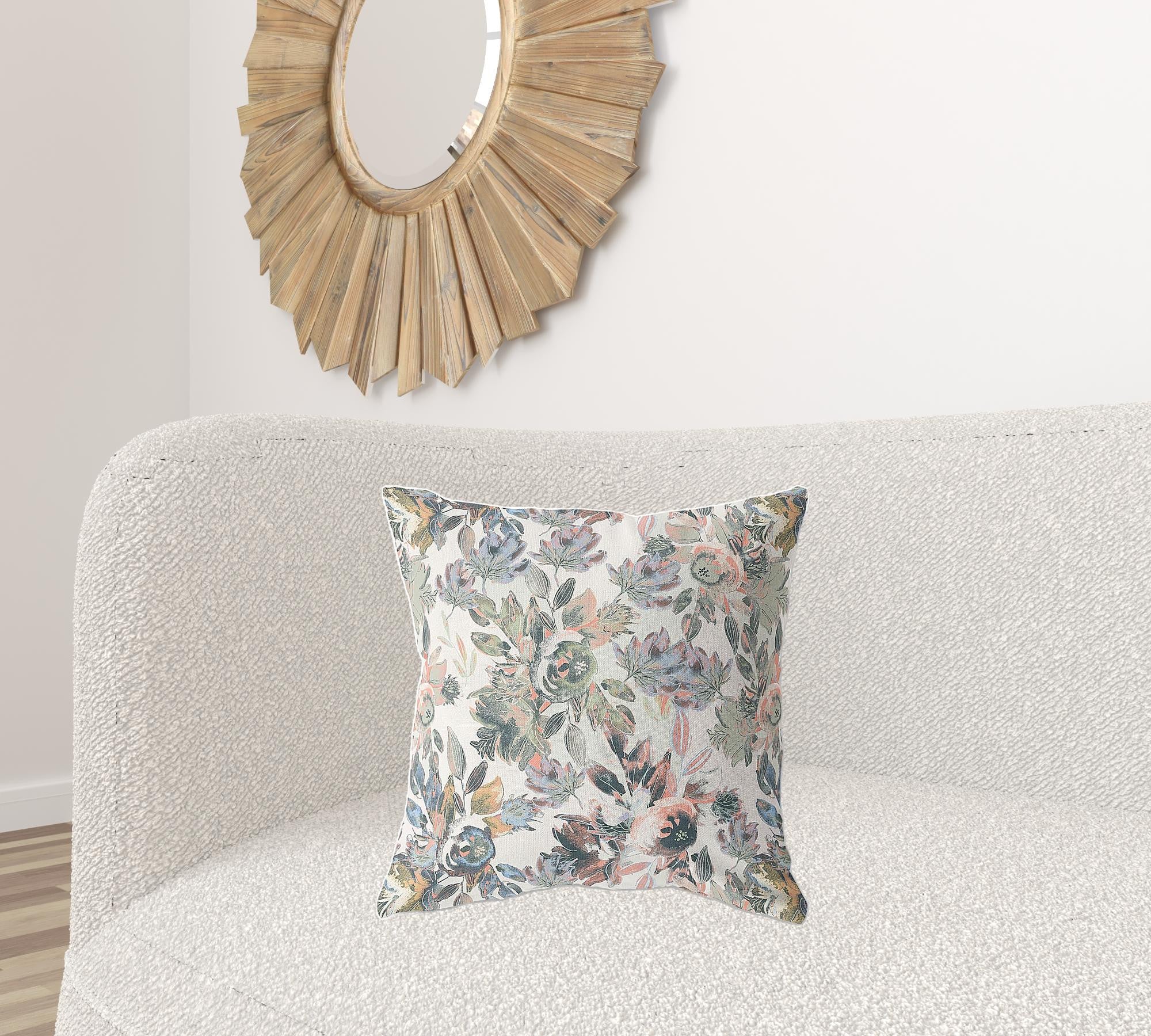 20" X 20" White, Pink And Grey Broadcloth Floral Throw Pillow