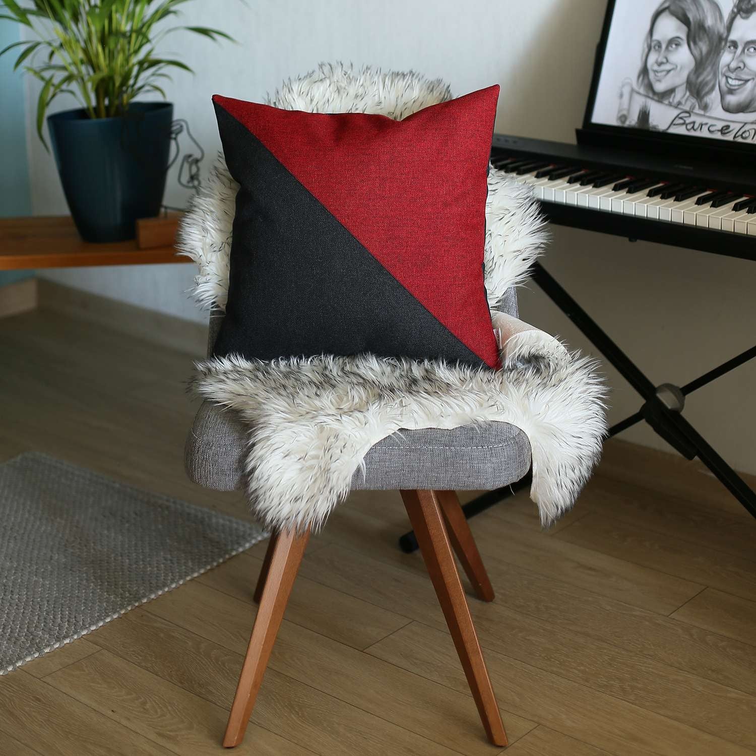 18" X 18" Red And Black Geometric Zippered Handmade Polyester Throw Pillow Cover