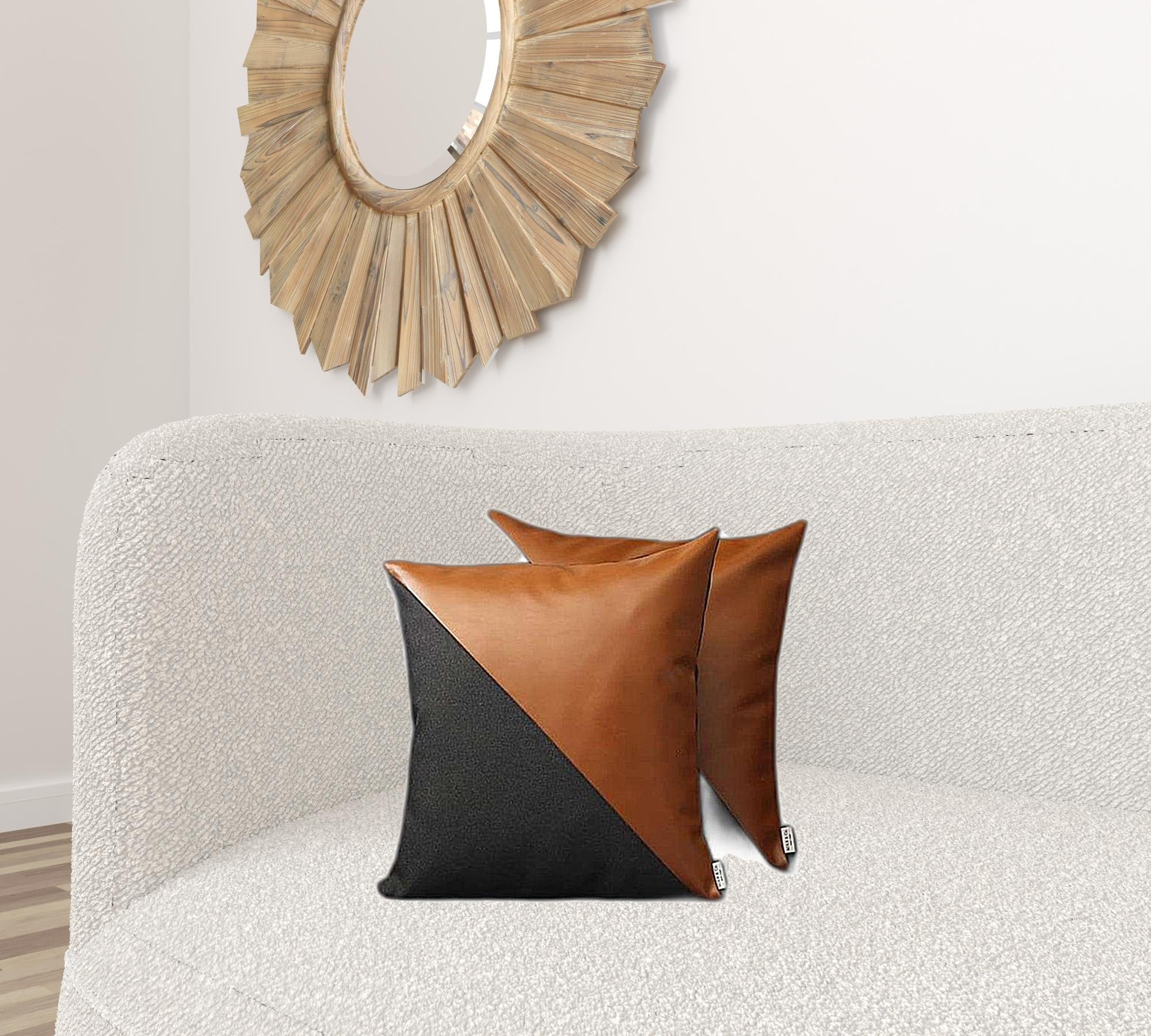 Set Of Two 18" X 18" Brown and Black Faux Leather Zippered Pillow