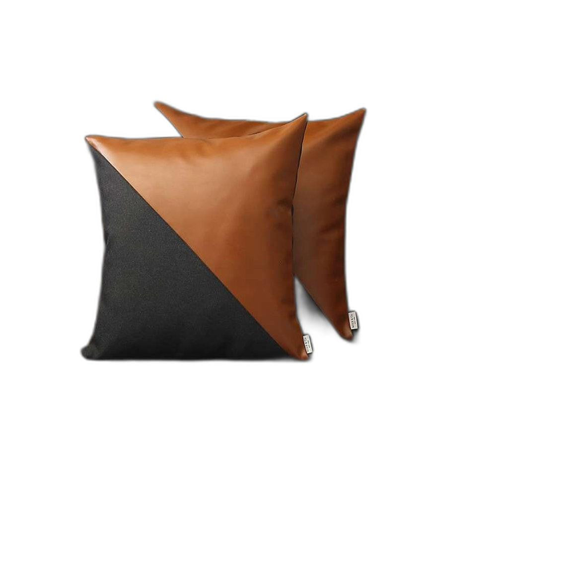 Set Of Two 18" X 18" Brown and Black Faux Leather Zippered Pillow