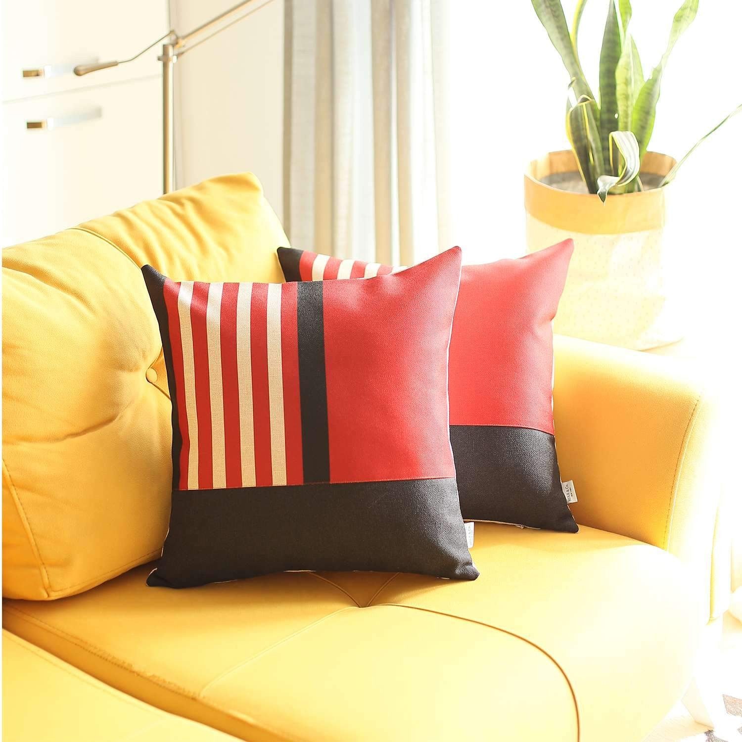 Set Of Two 18" X 18" Red Striped Zippered Handmade Polyester Throw Pillow