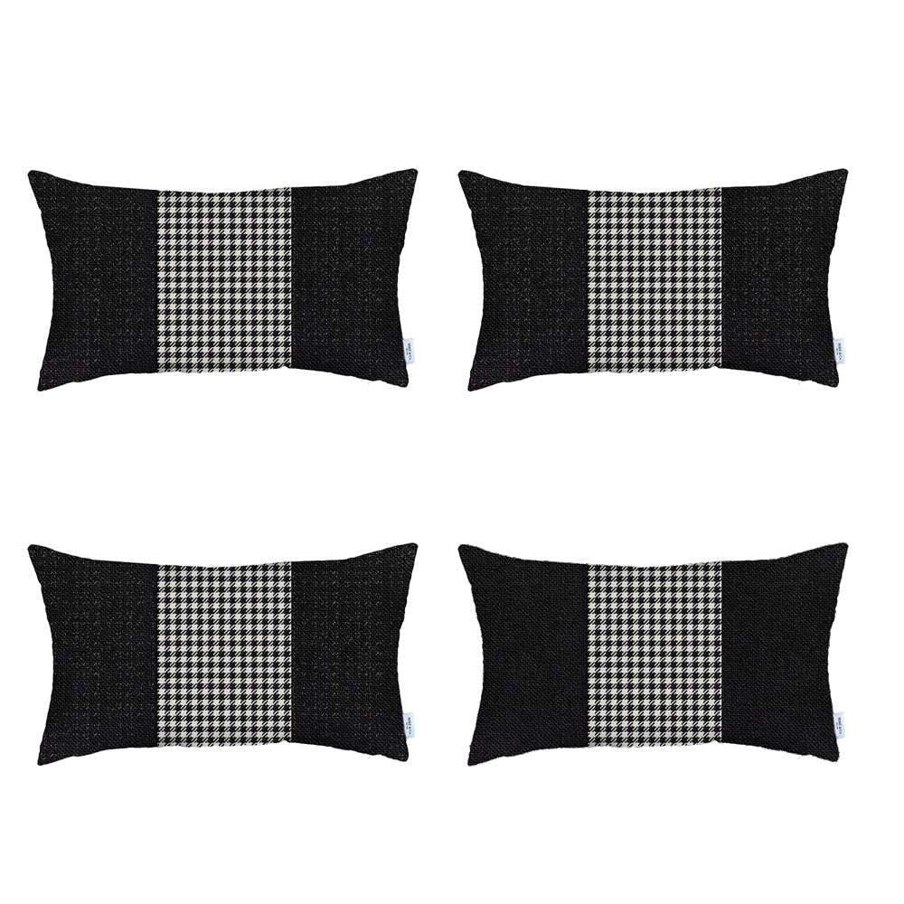 Set Of Four 20" X 12" Black And White Houndstooth Zippered Handmade Polyester Lumbar Pillow