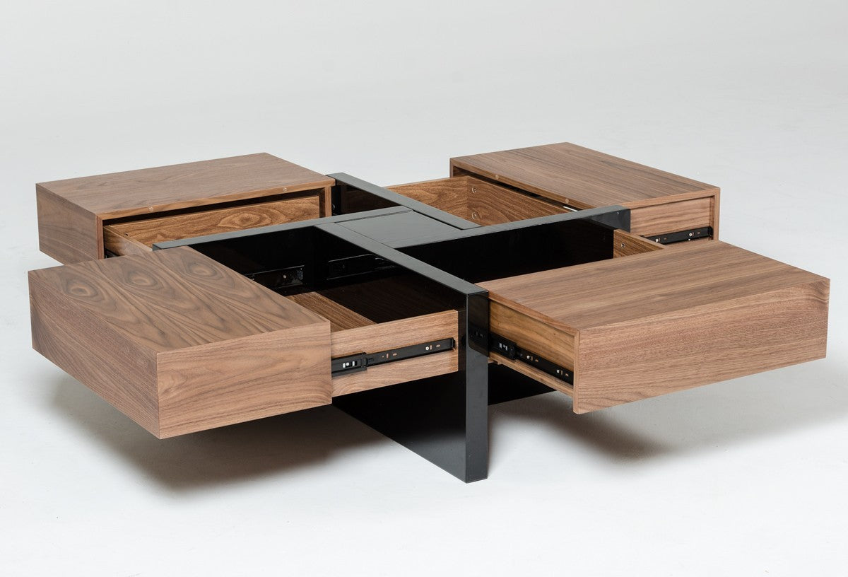 Modern Walnut and Black Square Coffee Table with Storage