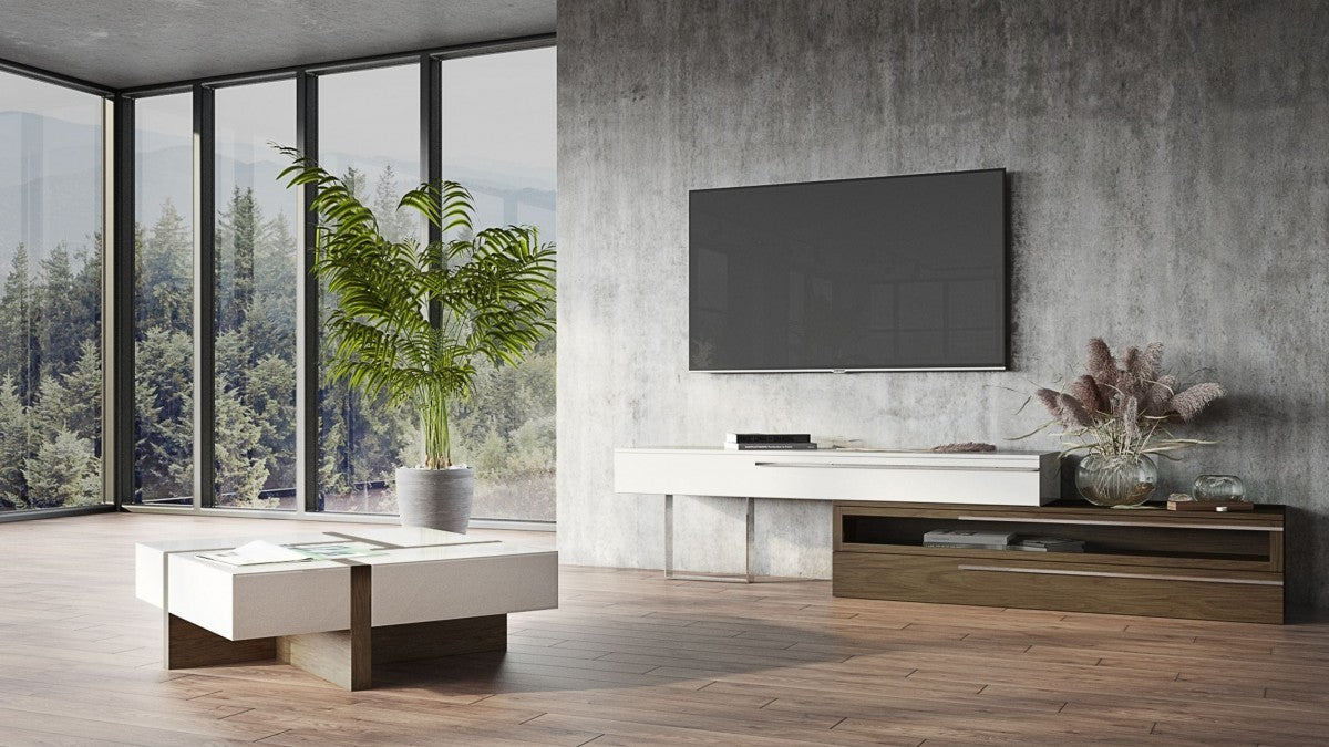 Modern White and Walnut Square Coffee Table with Storage