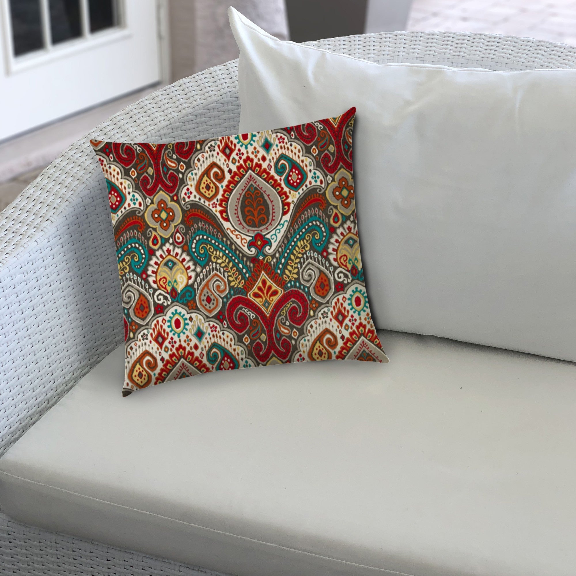 20" X 20" Teal Red And Gray Zippered Polyester Paisley Throw Pillow Cover