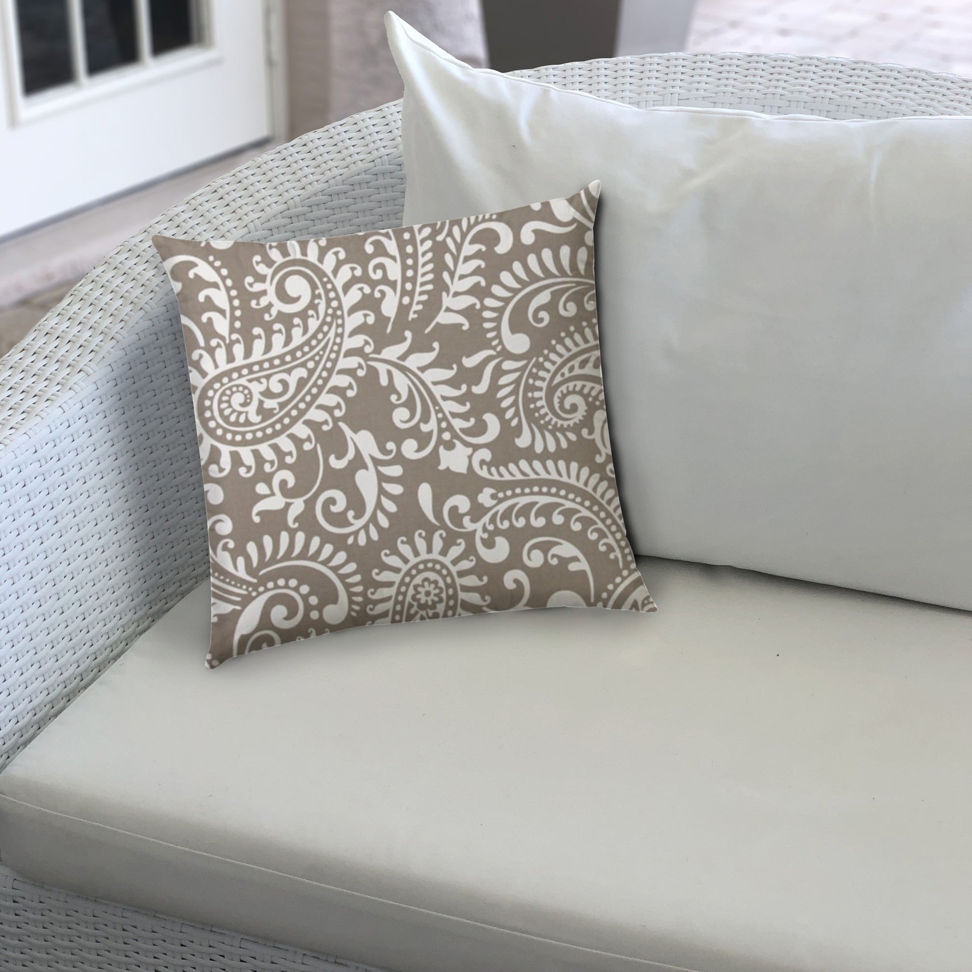 20" X 20" Taupe And White Zippered Polyester Paisley Throw Pillow Cover