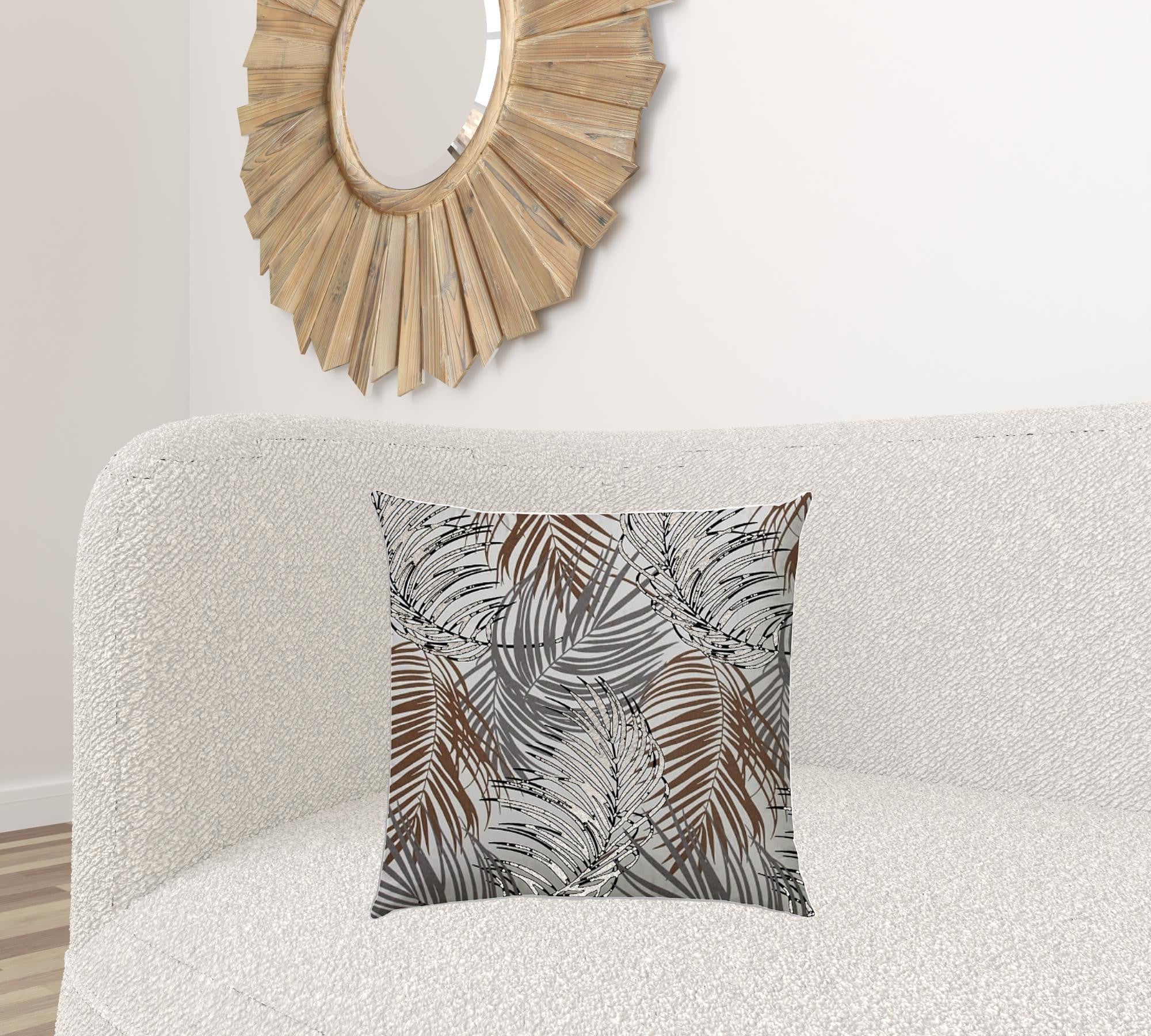 20" X 20" Brown Gray And Black Zippered Polyester Tropical Throw Pillow Cover