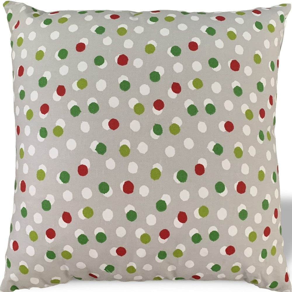 20" X 20" Red Gray And White Zippered 100% Cotton Polka Dots Throw Pillow Cover