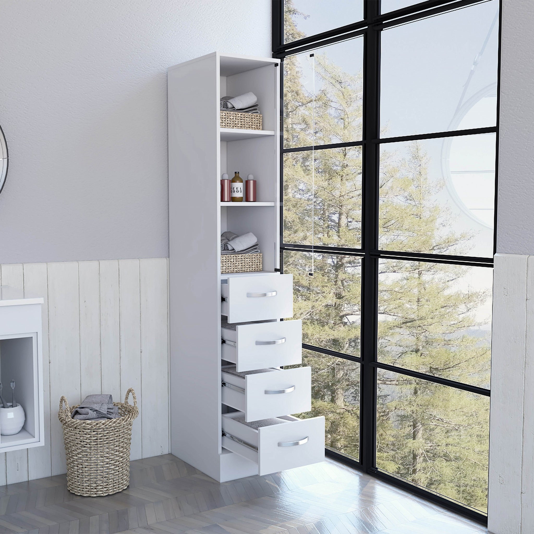 White Bathroom Storage Cabinet with Glass Door and Sliding Drawers