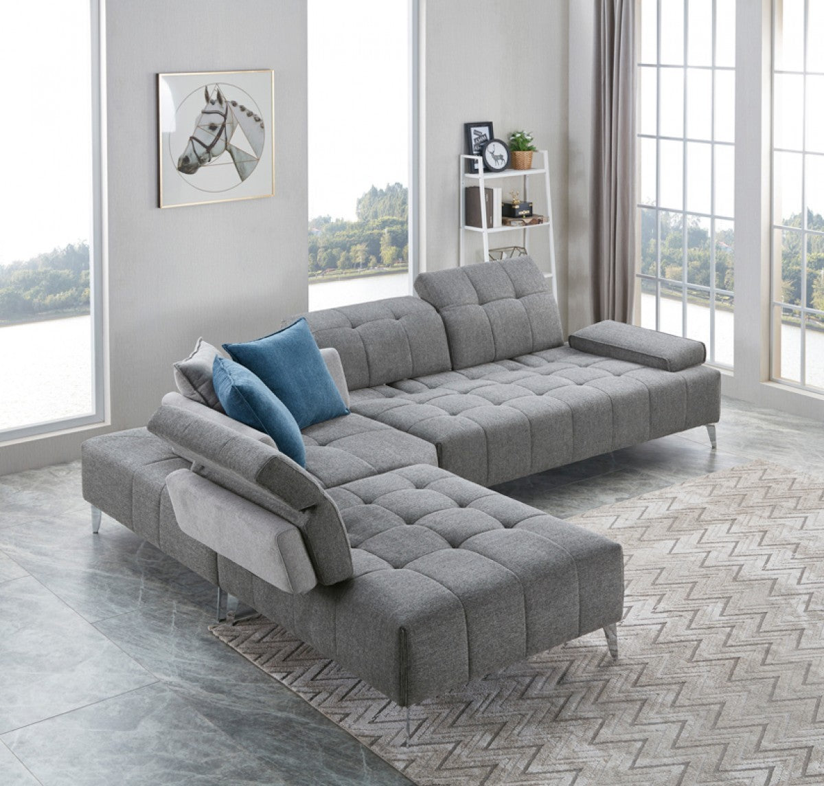 Gray 100% Polyester Modular L Shaped Three Piece Corner Sectional