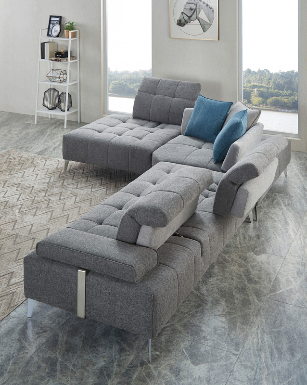 Gray 100% Polyester Modular L Shaped Three Piece Corner Sectional