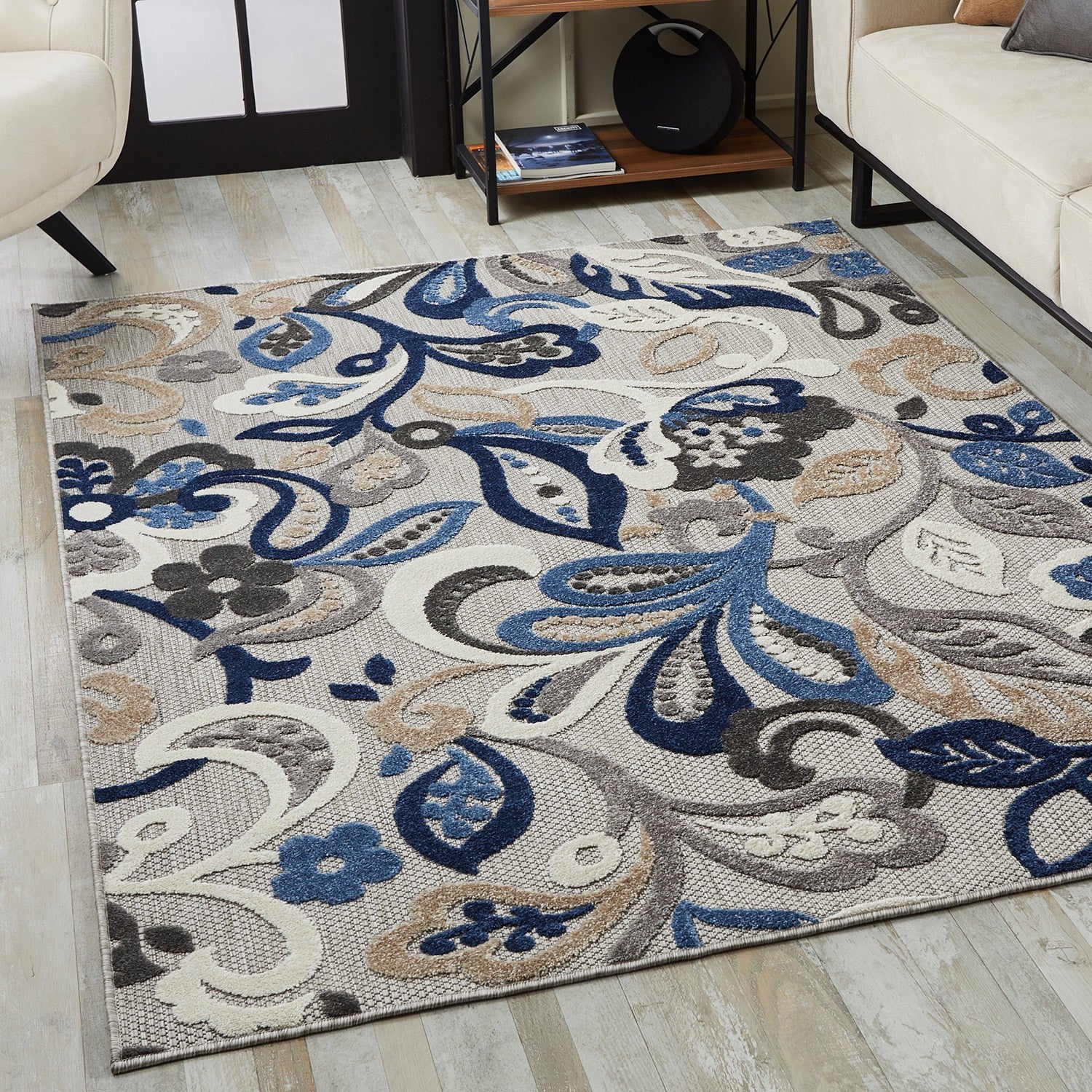 5' X 7' Blue And Gray Floral Stain Resistant Indoor Outdoor Area Rug