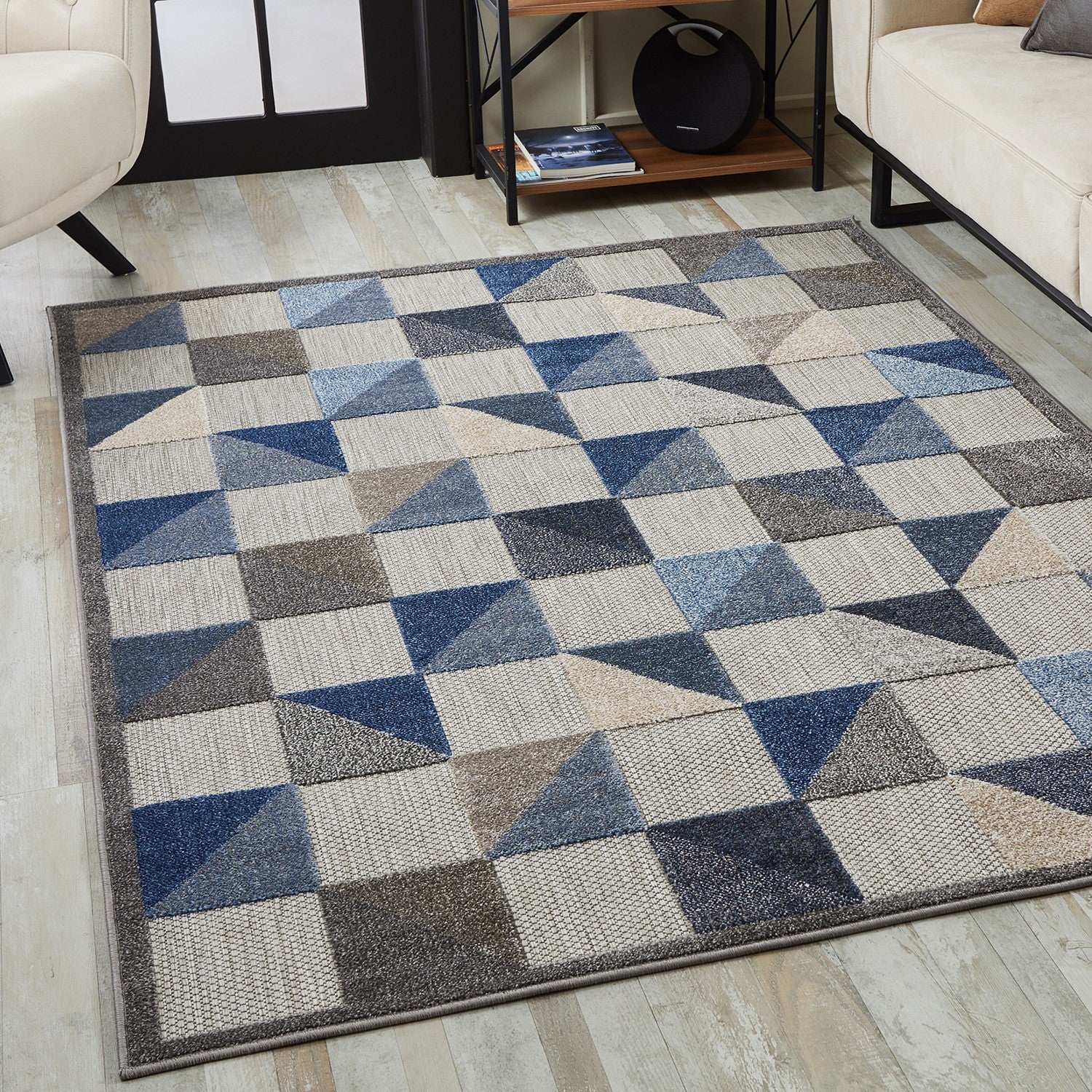 7' X 9' Blue Geometric Stain Resistant Indoor Outdoor Area Rug