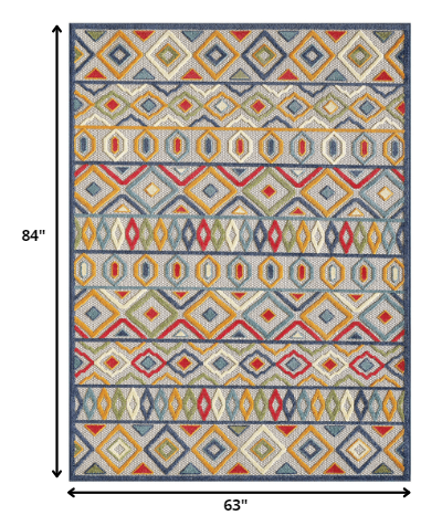 5' X 7' Ivory And Blue Southwestern Stain Resistant Indoor Outdoor Area Rug