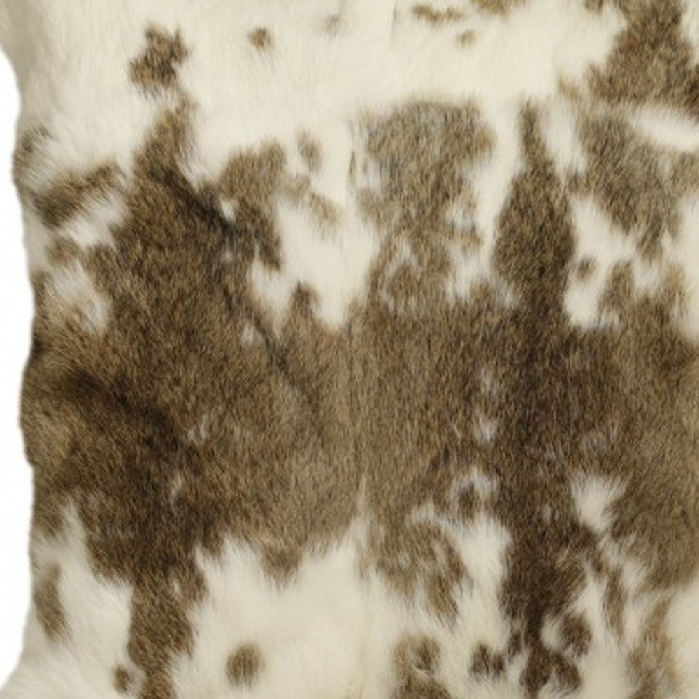 18" X 18" Brown And White Rabbit Zippered Natural Fur Animal Print Throw Pillow