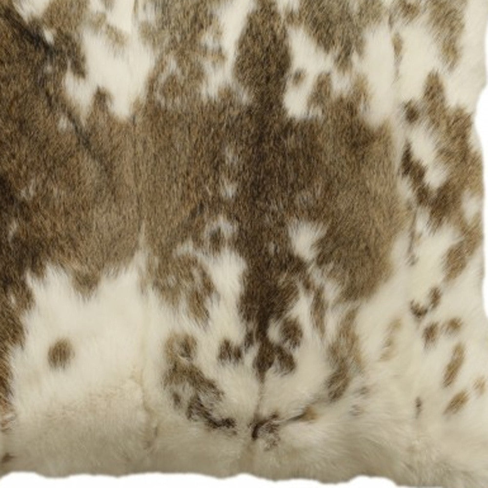 18" X 18" Brown And White Rabbit Zippered Natural Fur Animal Print Throw Pillow