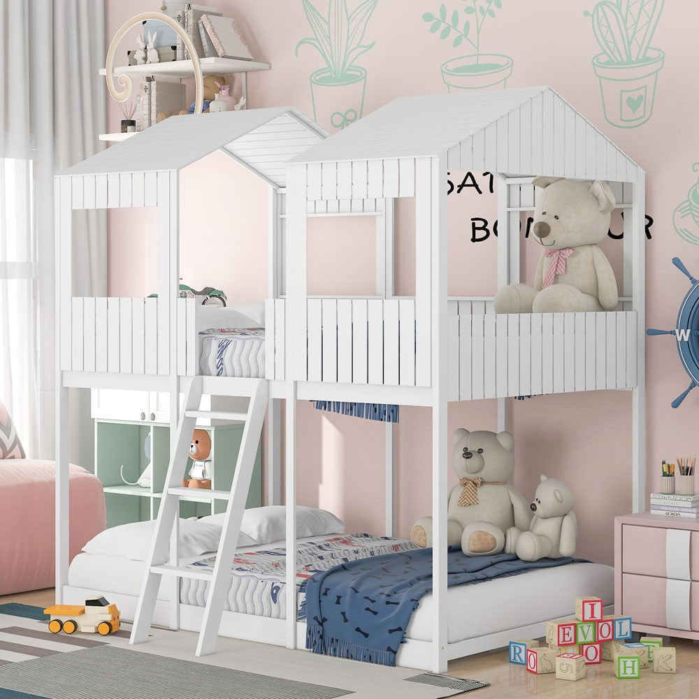 White Twin Contemporary Manufactured Wood + Solid Wood Bunk Bed