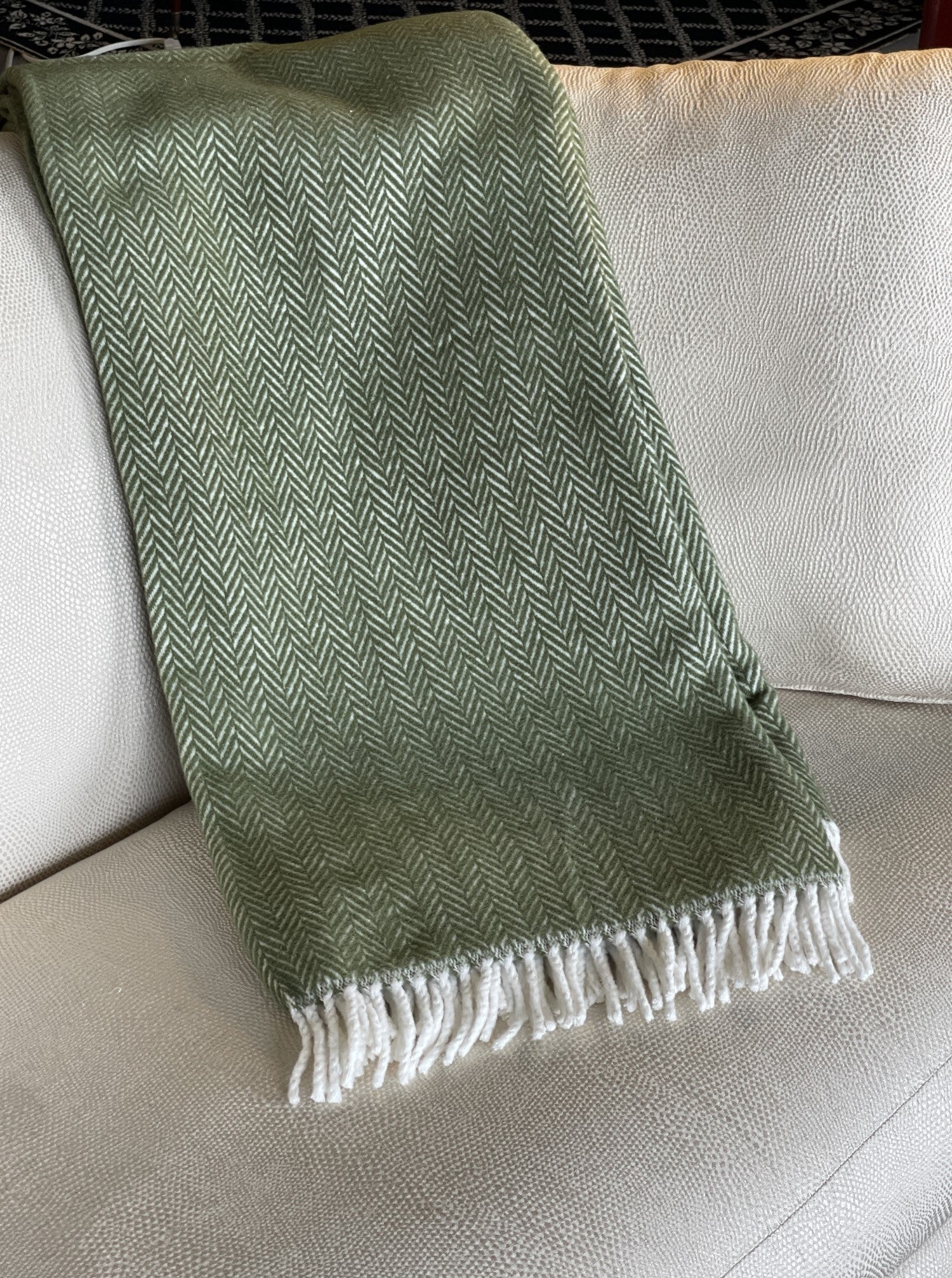 Moss Green and White Dreamy Soft Herringbone Throw Blanket