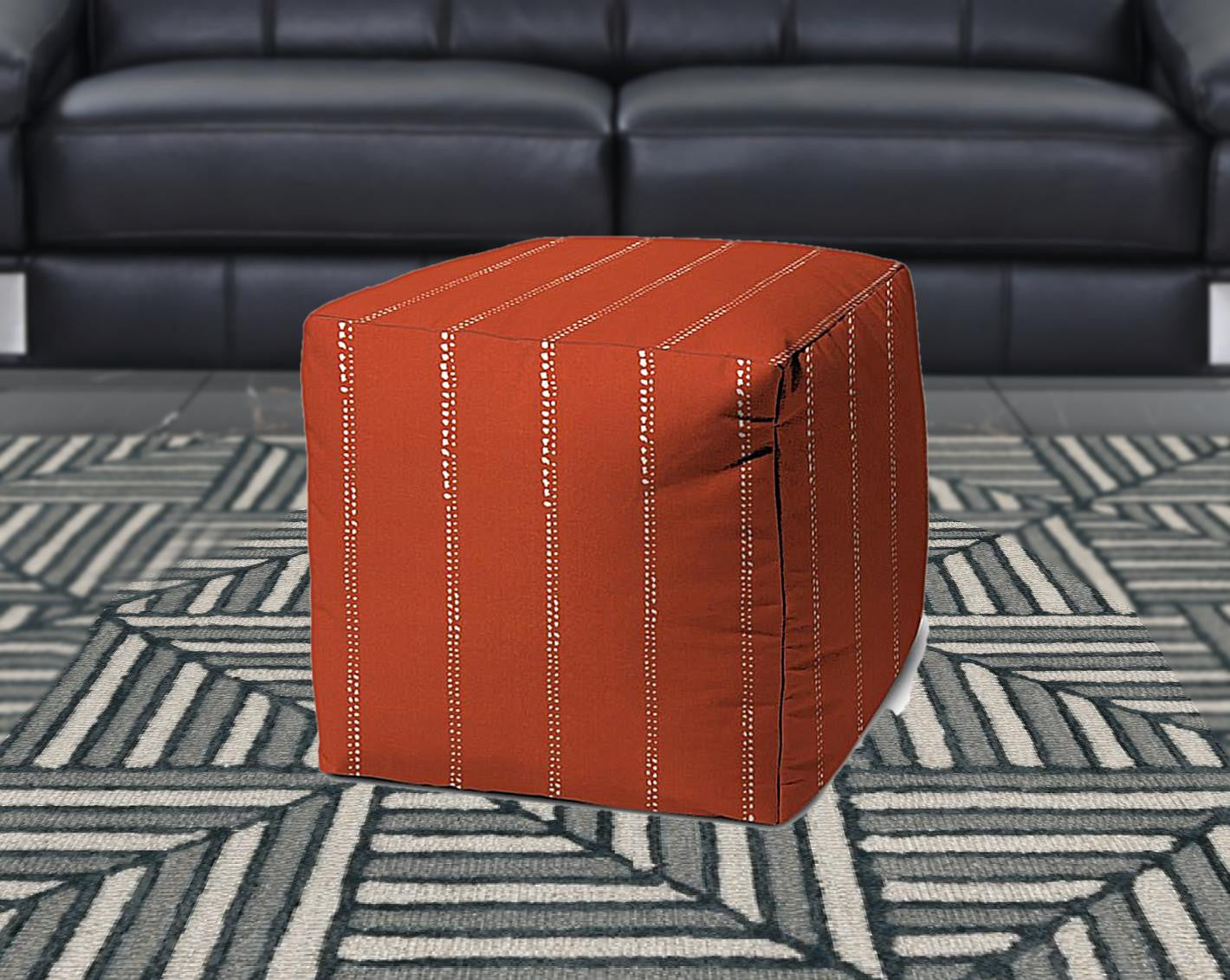 17" Orange Polyester Cube Striped Indoor Outdoor Pouf Ottoman