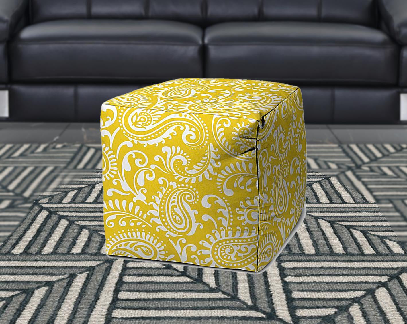 17" Yellow Cube Paisley Indoor Outdoor Pouf Cover