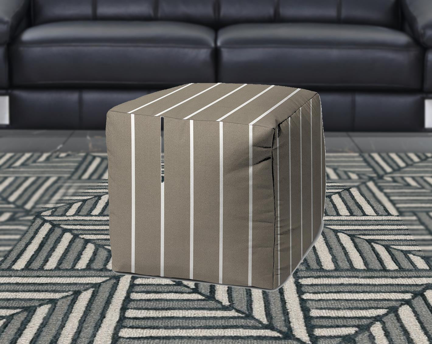 17" Taupe Cube Striped Indoor Outdoor Pouf Cover