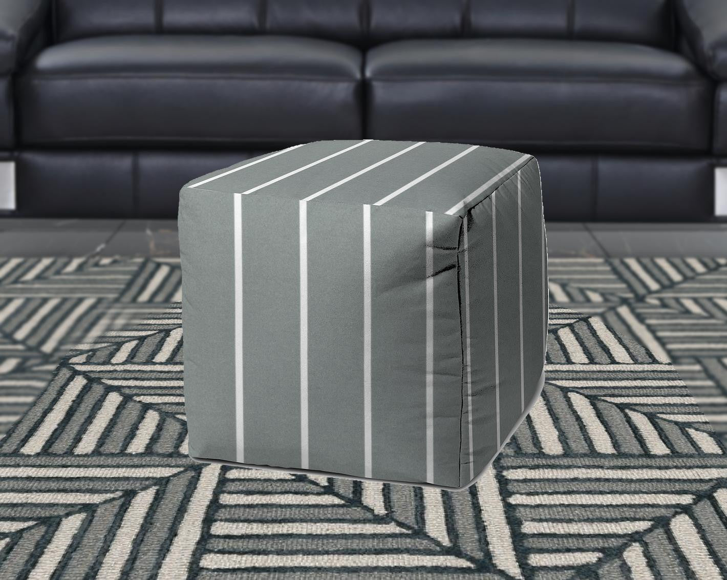 17" Gray Cube Striped Indoor Outdoor Pouf Cover