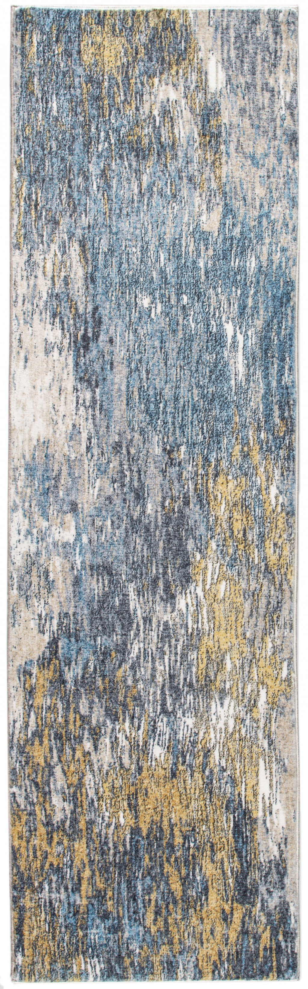 8' Blue And Gold Abstract Dhurrie Runner Rug